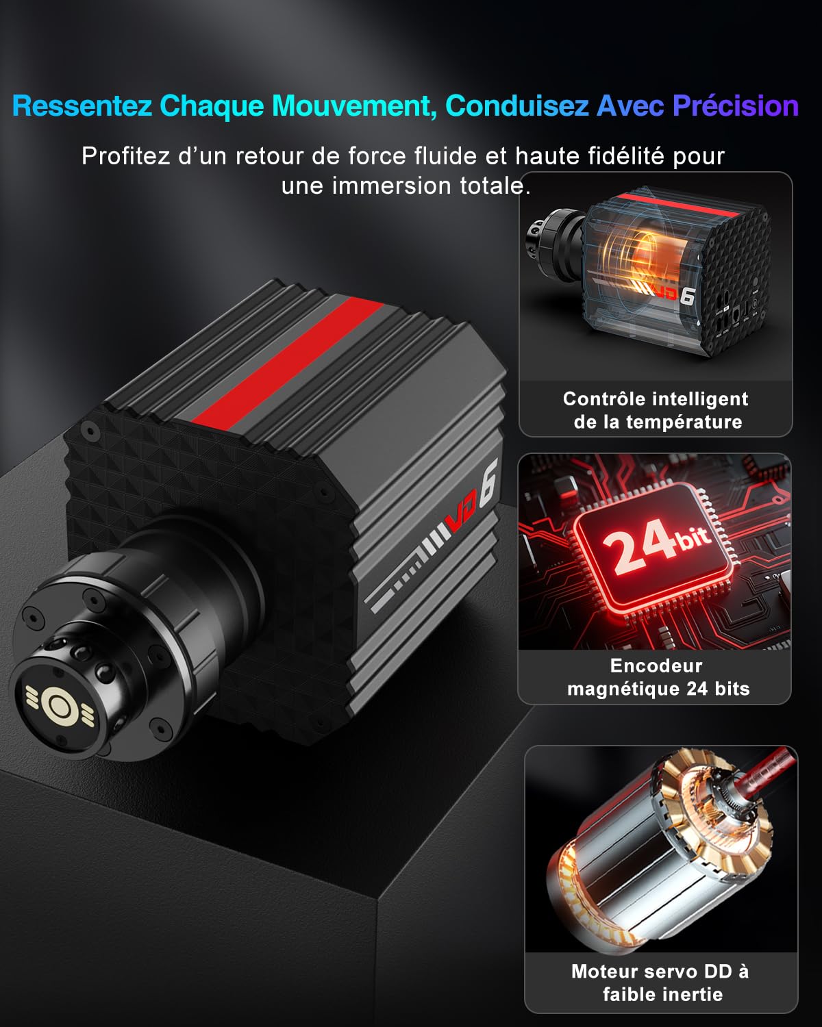 PXN VD6 Base de Volant Direct Drive – Couple de 6 Nm, Retour de Force Haute Précision, Moteur Servo à Faible Inertie Professionnelle – Base de Volant de Jeu pour PC
