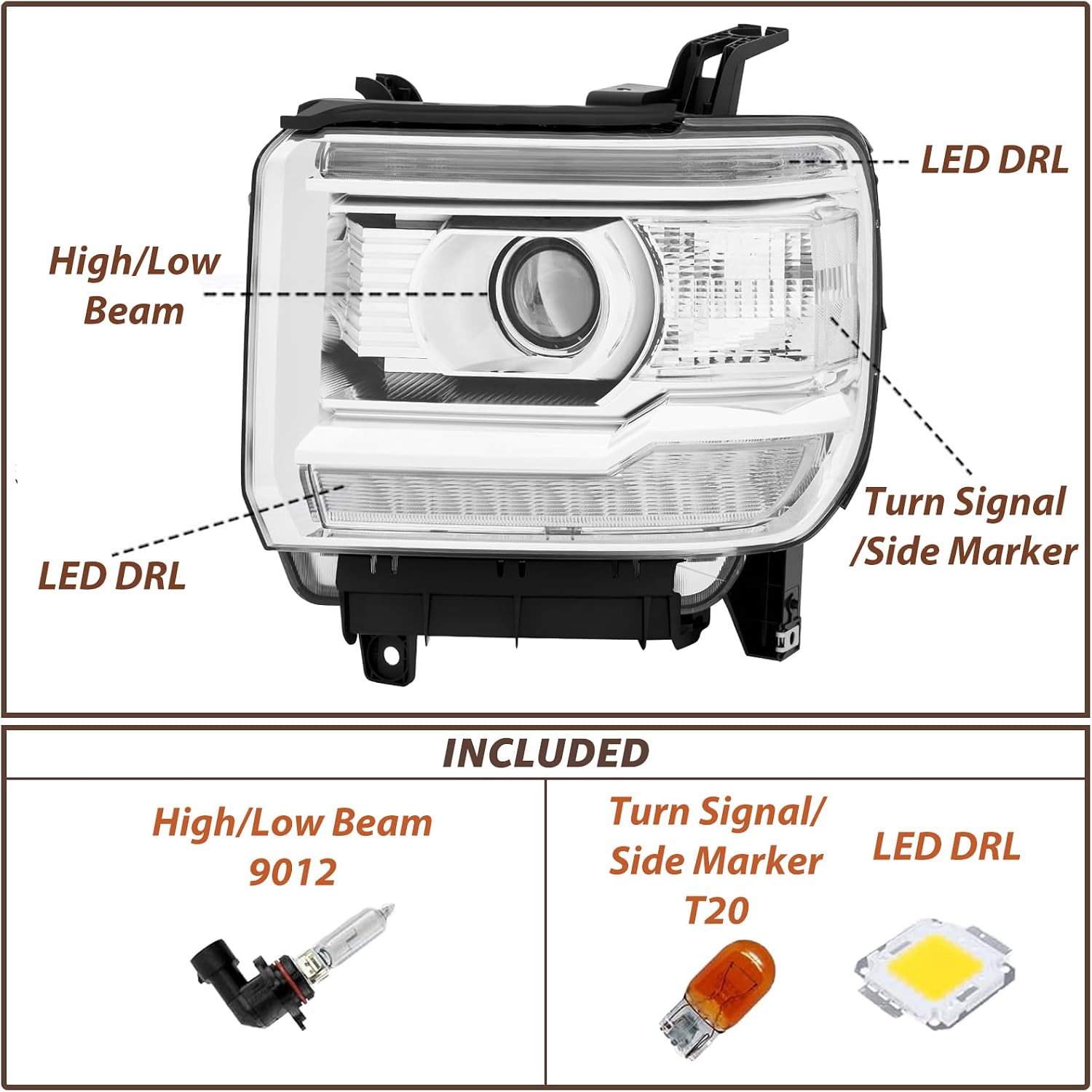 LED DRL Headlight Assembly Compatible with 2014-2015 GMC Sierra 1500,