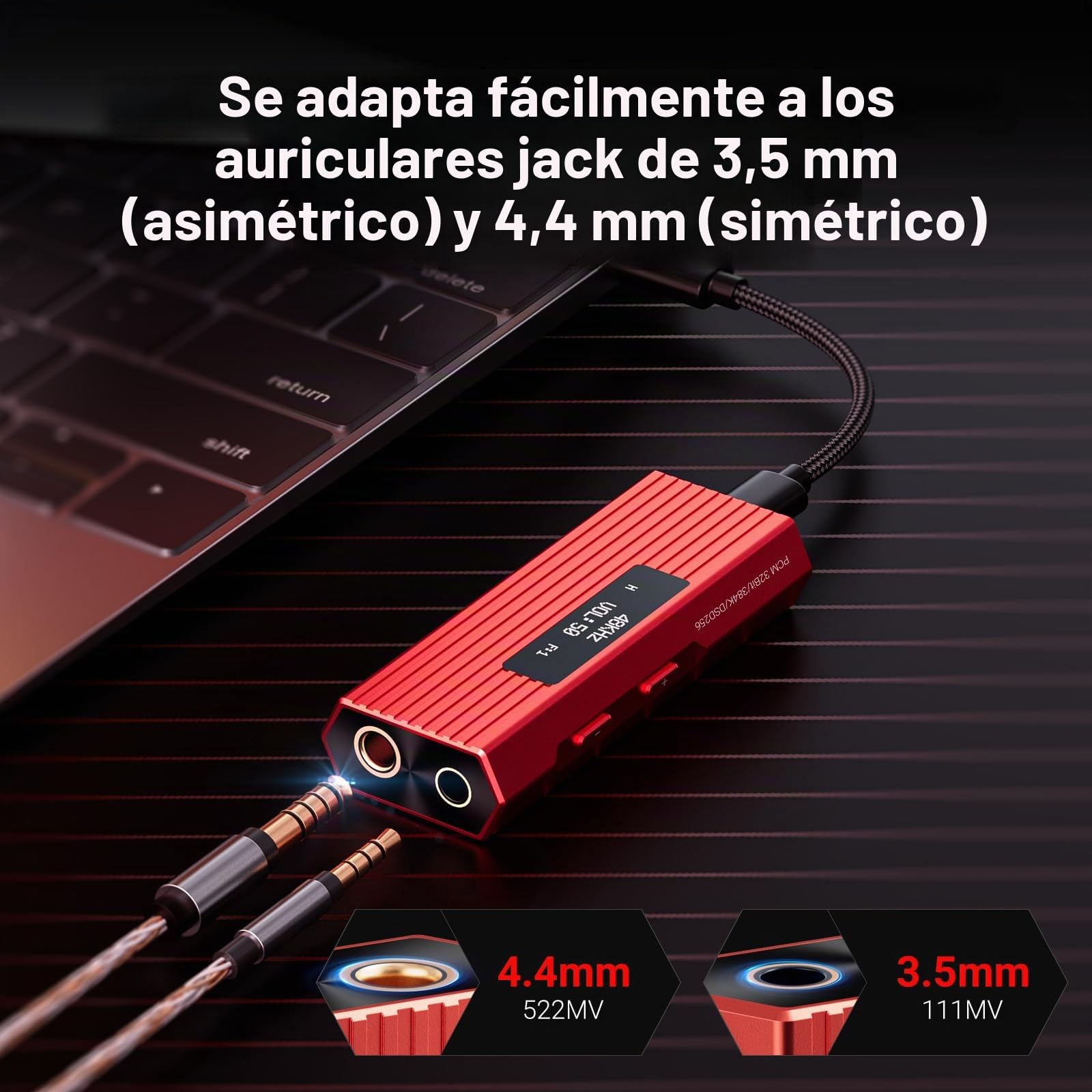 joliker Amplificador Auriculares DAC USB-C portátil Hi-Fi ES9028Q2M, DSD256/PCM 384kHz 32bits, Salidas 3,5mm + balanceada 4,4mm, Compatible iPhone 15/16, Android, PC, Mac