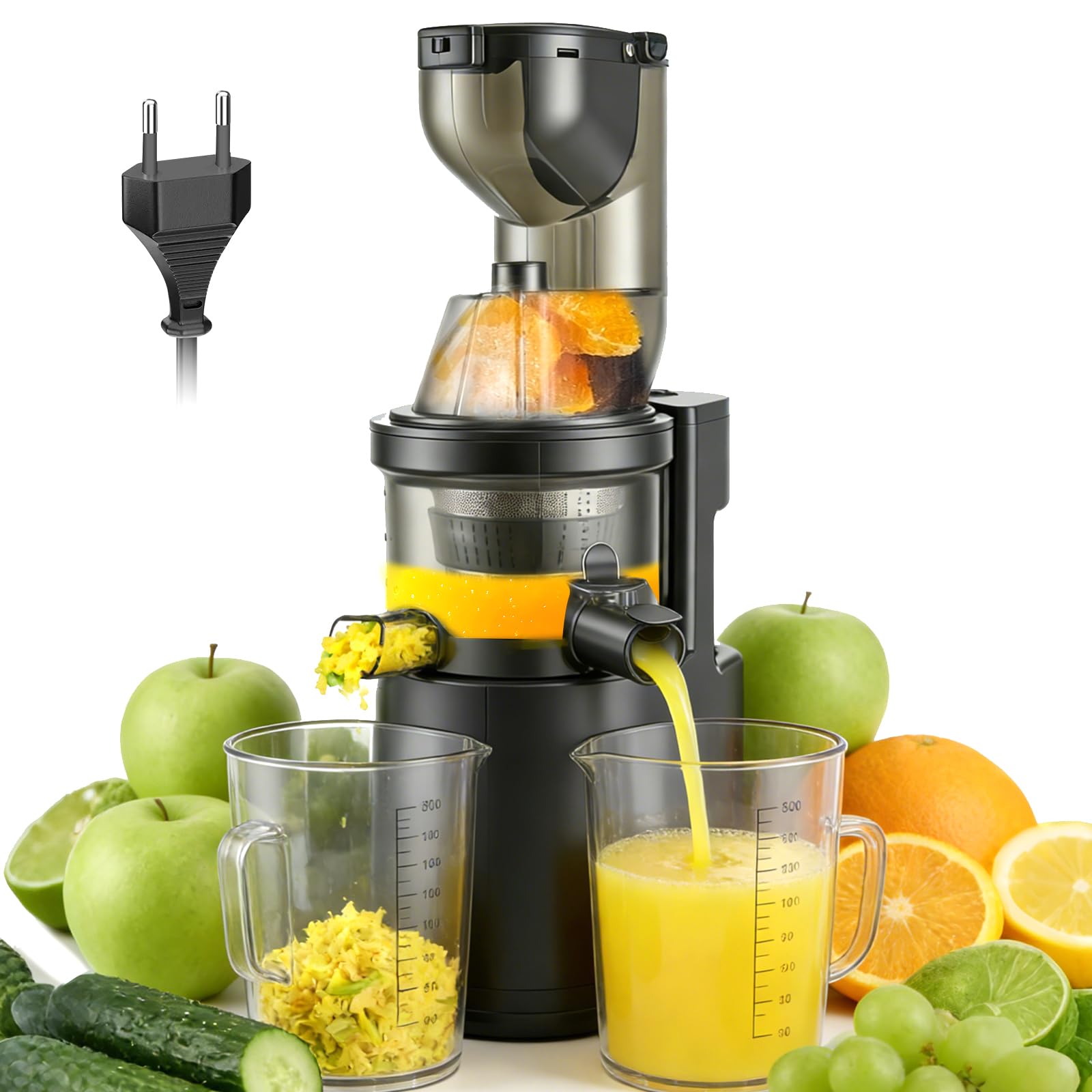 Spremiagrumi a Lenta Estrazione 500W, Spremitore Elettrico con Bocca di Alimentazione Larga 125mm,Estrattore di Succo per Verdura e Frutta,Top per Frutta Intera e Verdura,Senza BPA,Nero