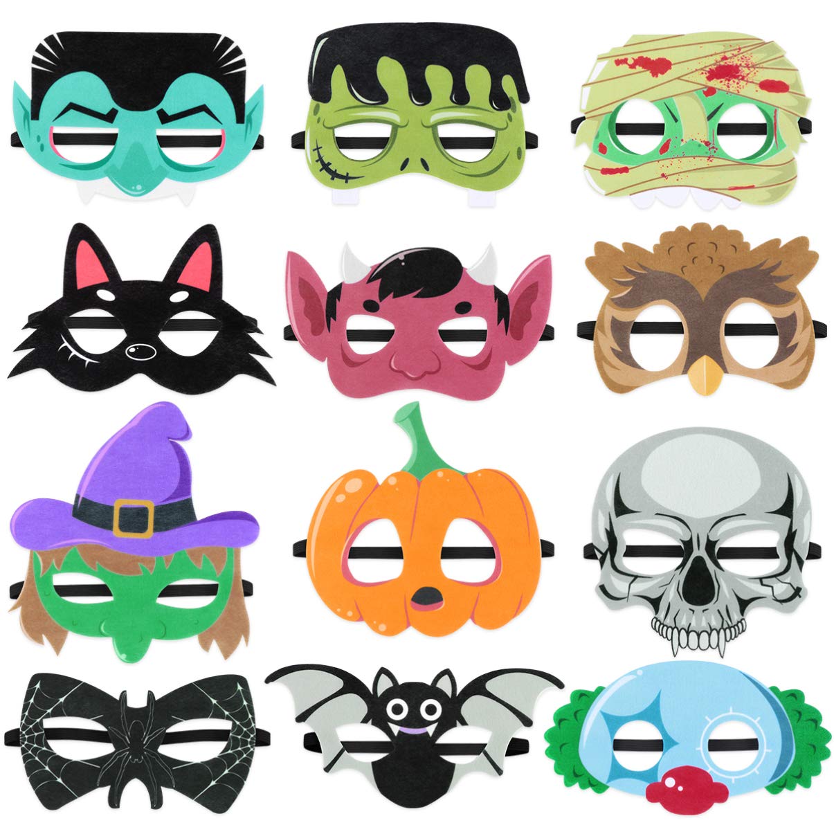 Zerodeko Halloween Masks Kids Halloween Felt Masks Pumpkin Bat Skull Cosplay Masks Pretend Play Props Cartoon Masks for Halloween Festival Party Masquerade 12Pcs