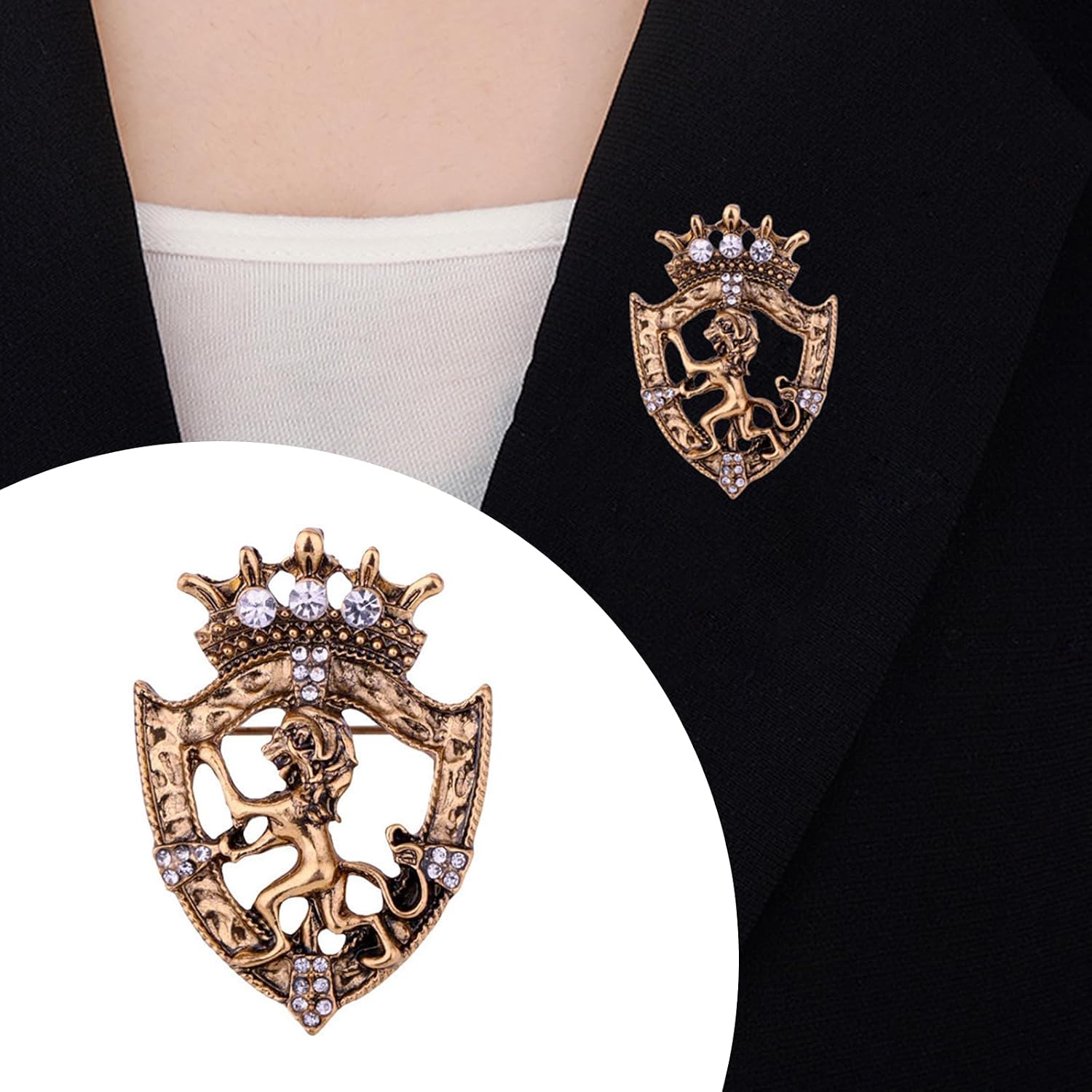 Brooch for Men Gold Vintage Crown Lion Brooch Pins Animal Rhinestone Lion King Brooches for Suit Tie Dress Lapel Pin Fashion Jewelry