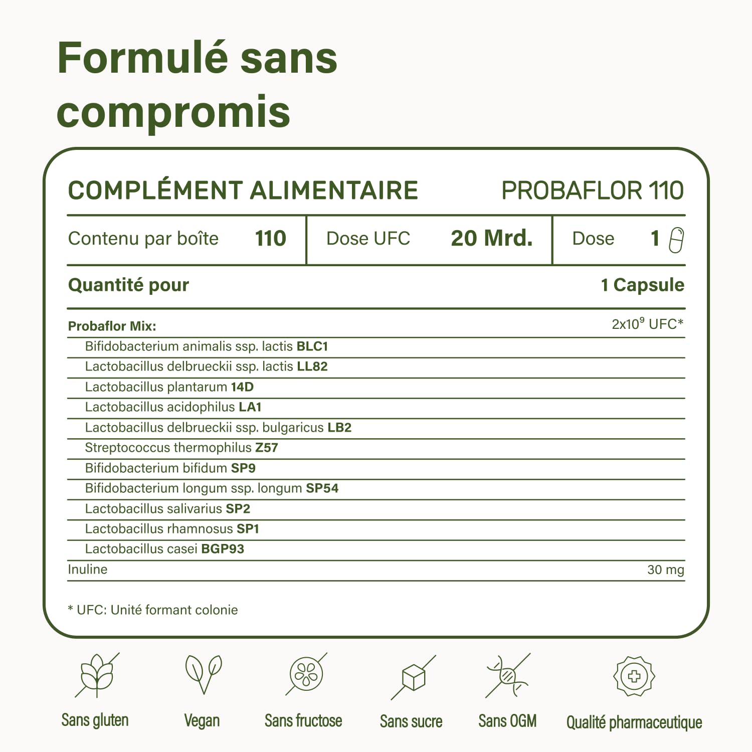 Nupure Probaflor 110 gélules, 20 milliards d'UFC, 11 souches bactériennes, inuline, Lactobacillus salivarius SP2
