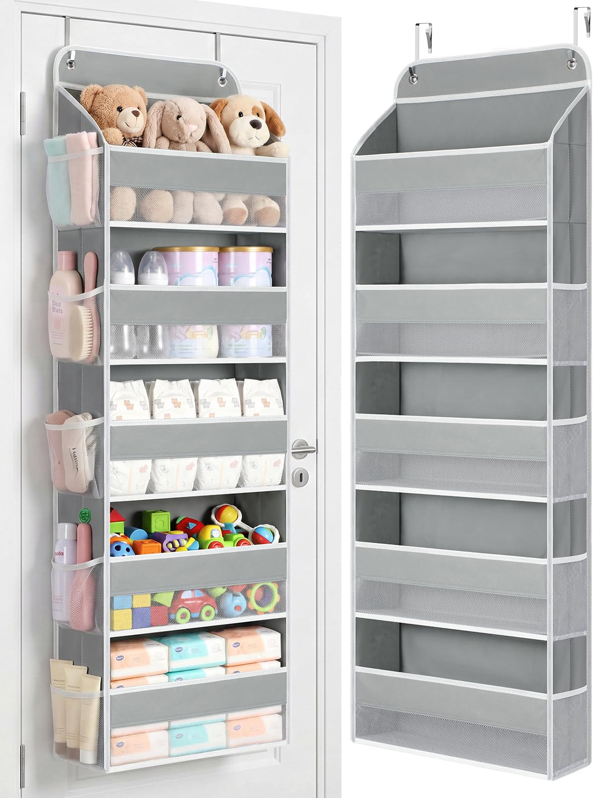 Yecaye Over the Door Organizer, Stuffed Animal Storage, Bathroom Organizers and Storage for Nursery Newborn Baby Essentials Stuff Dorm Room, Widen by 7cm, Deepen by 3cm, Grey 5 Tier Extra-Large