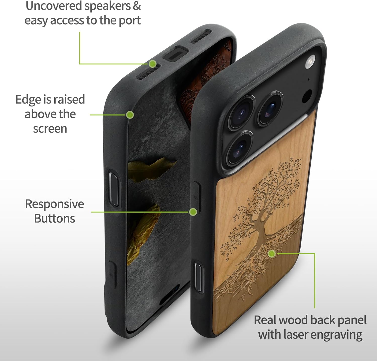 Carveit Magnetic Wooden Case for iPhone 17 Pro Max Case, Wood Artisan Engraved & Black Soft TPU Shockproof Cover, Compatible with MagSafe Wireless Chargers (The Yin Yang Tree) Cherry