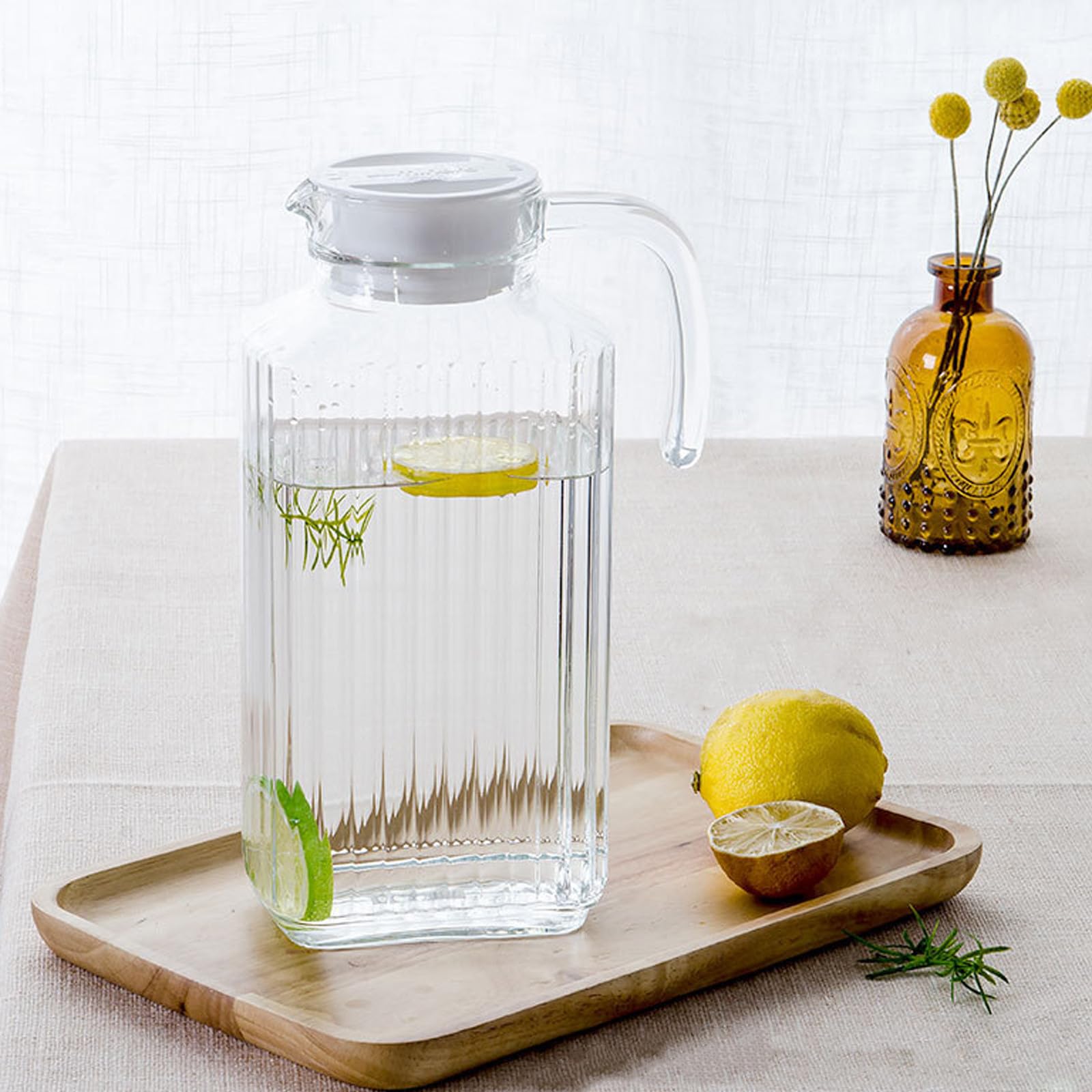 Uonlytech Jarra de Vidrio Diseño Resistente para Agua Fría de 1.7l Gran Capacidad y Tapa Funcional para Verano Adecuado para Bebidas y Jugos en Casa