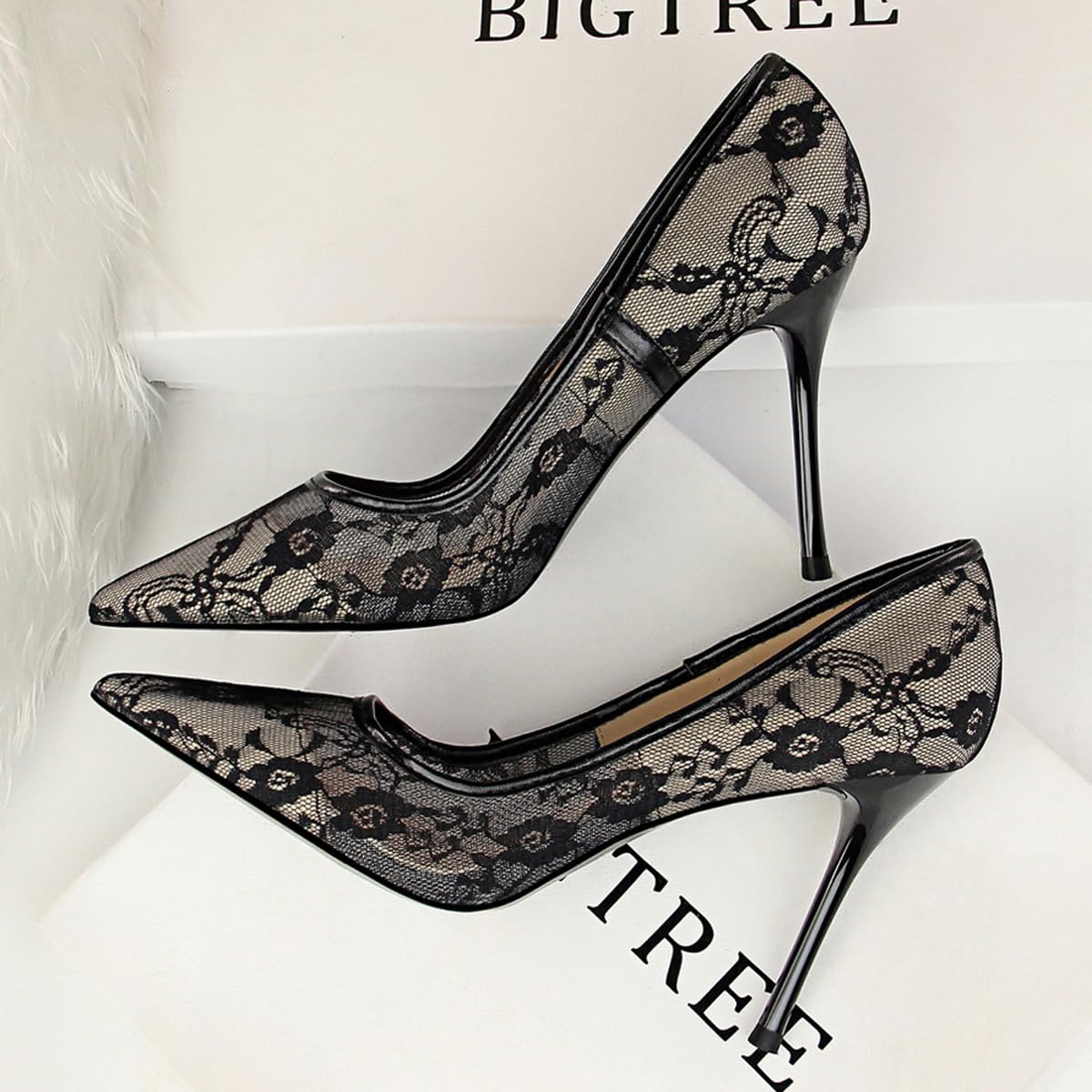 Tacchi Alti da Donna in Pizzo a Rete Sexy, décolleté da 4 Pollici Sandali con Punta Chiusa a Punta, Scarpe da Sposa con Slip on Porm Party