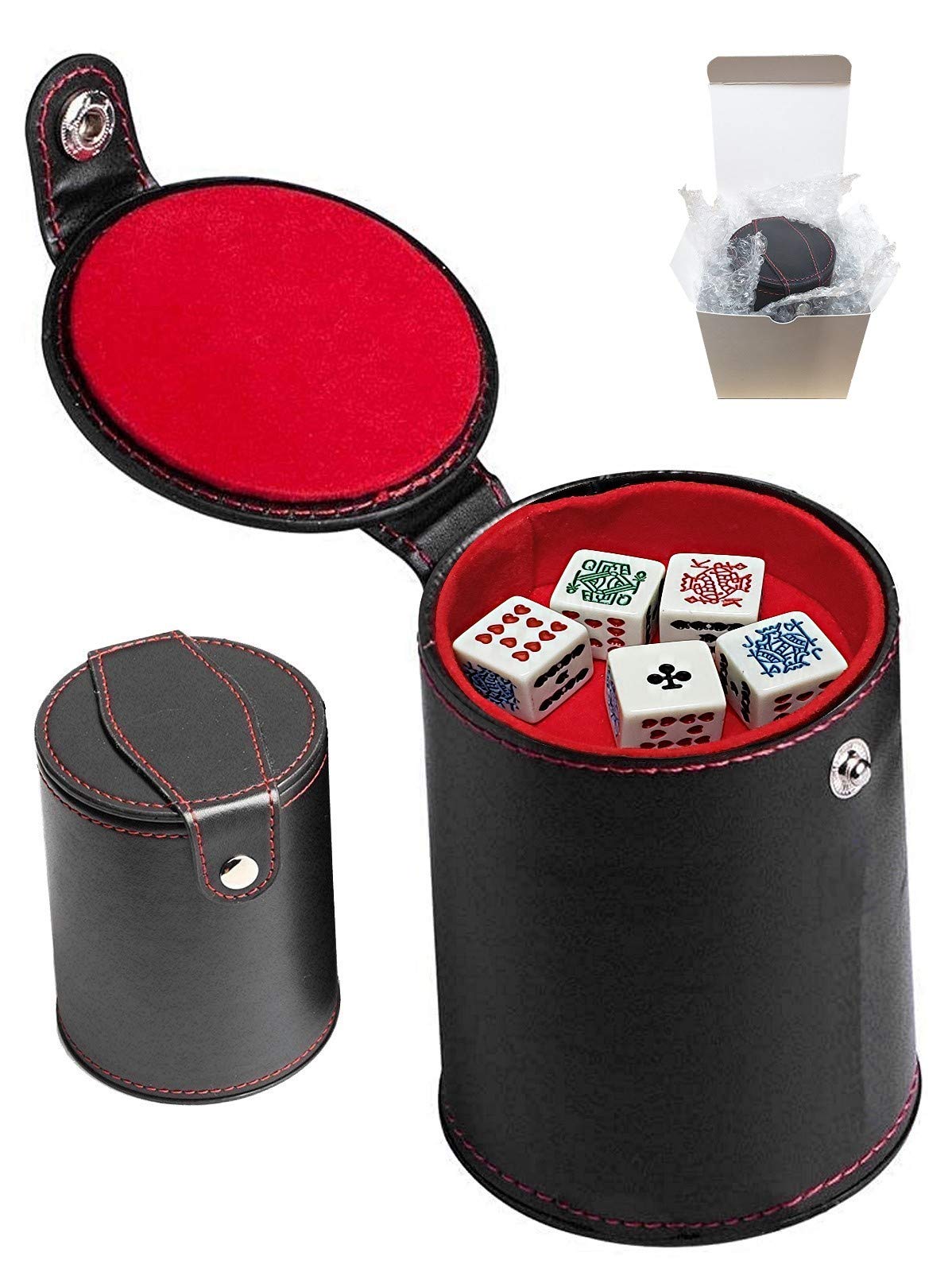 Set of Dice Cup with Storage Compartment Black PU Leather Red Felt Lined + (5) 16mm Poker Dice (Gift Boxed) (Poker (Squared Corners, Clubs Ace) - White)