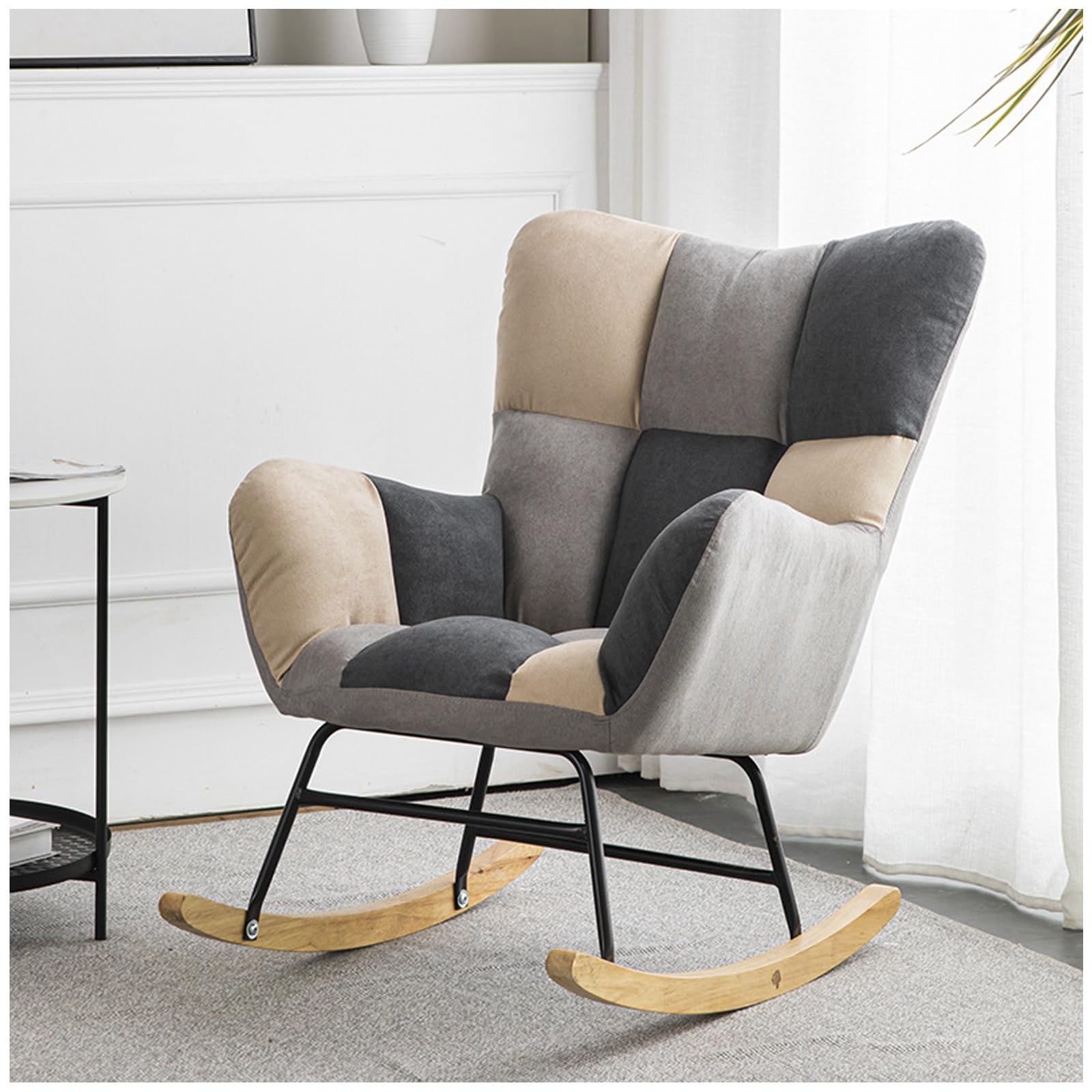 Poltrona A Dondolo Allattamento per Adulti, Sedia A Dondolo Imbottita Lino Comoda con Schienale Alto, Poltrona Relax Moderna per Soggiorno,Cameretta,Camera da Letto,Balcone,Patchwork b
