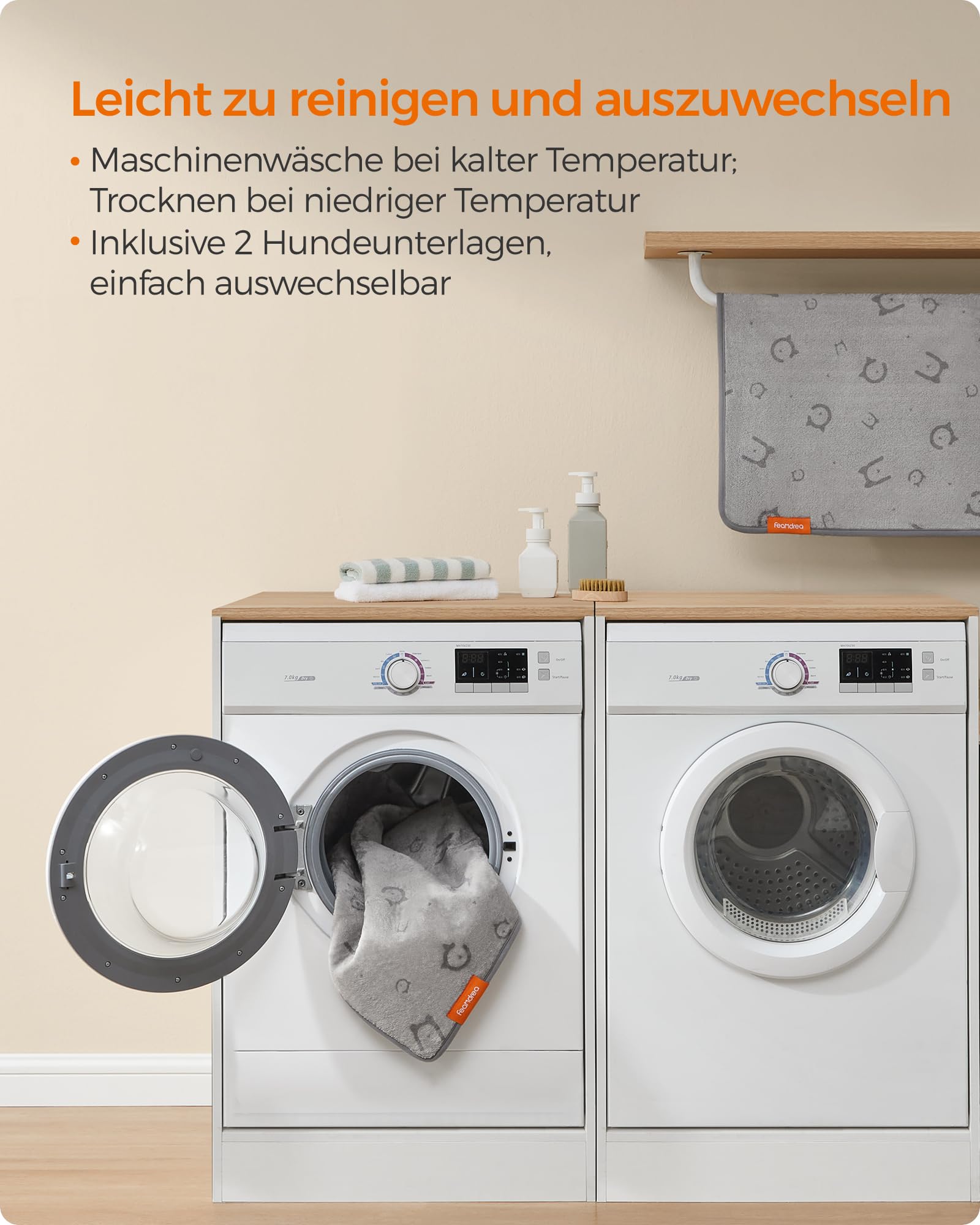 Feandrea Hundedecke, 2er Set, Wiederverwendbare Hundematte, 122 x 91 cm, XL, wasserdicht, auslaufsicher, rutschfest, saugfähig für Hunde, Katzen, Kaninchen, Taubengrau PTD003G01
