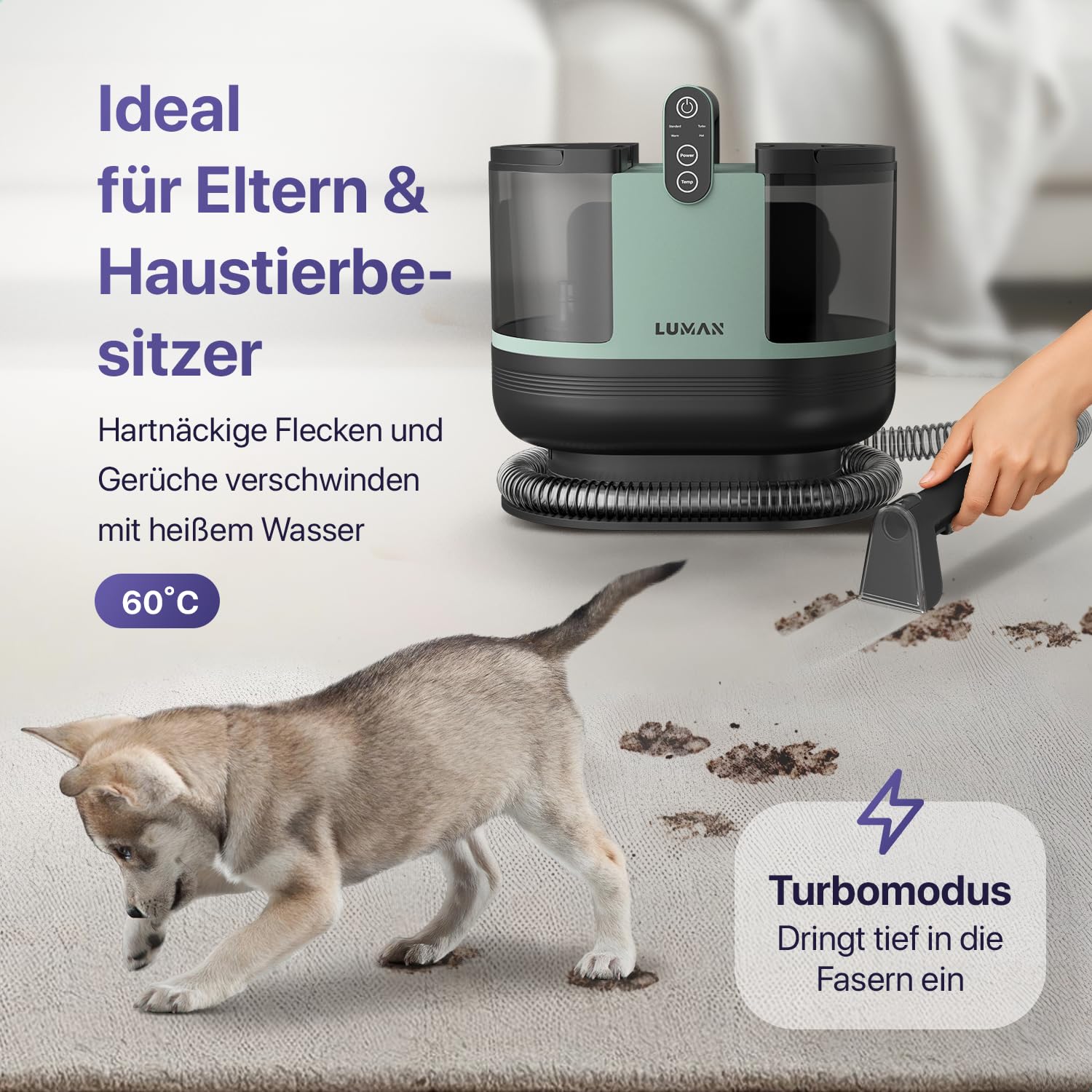 LUMAN 4 in 1 Teppichreiniger - Heizfunktion und Selbstreinigung - Fleckenreiniger - Sitzreiniger - Reiniger für Sofa, Boden, Auto und Teppich - 4 Bürsten - Inklusive Reinigungsmittel