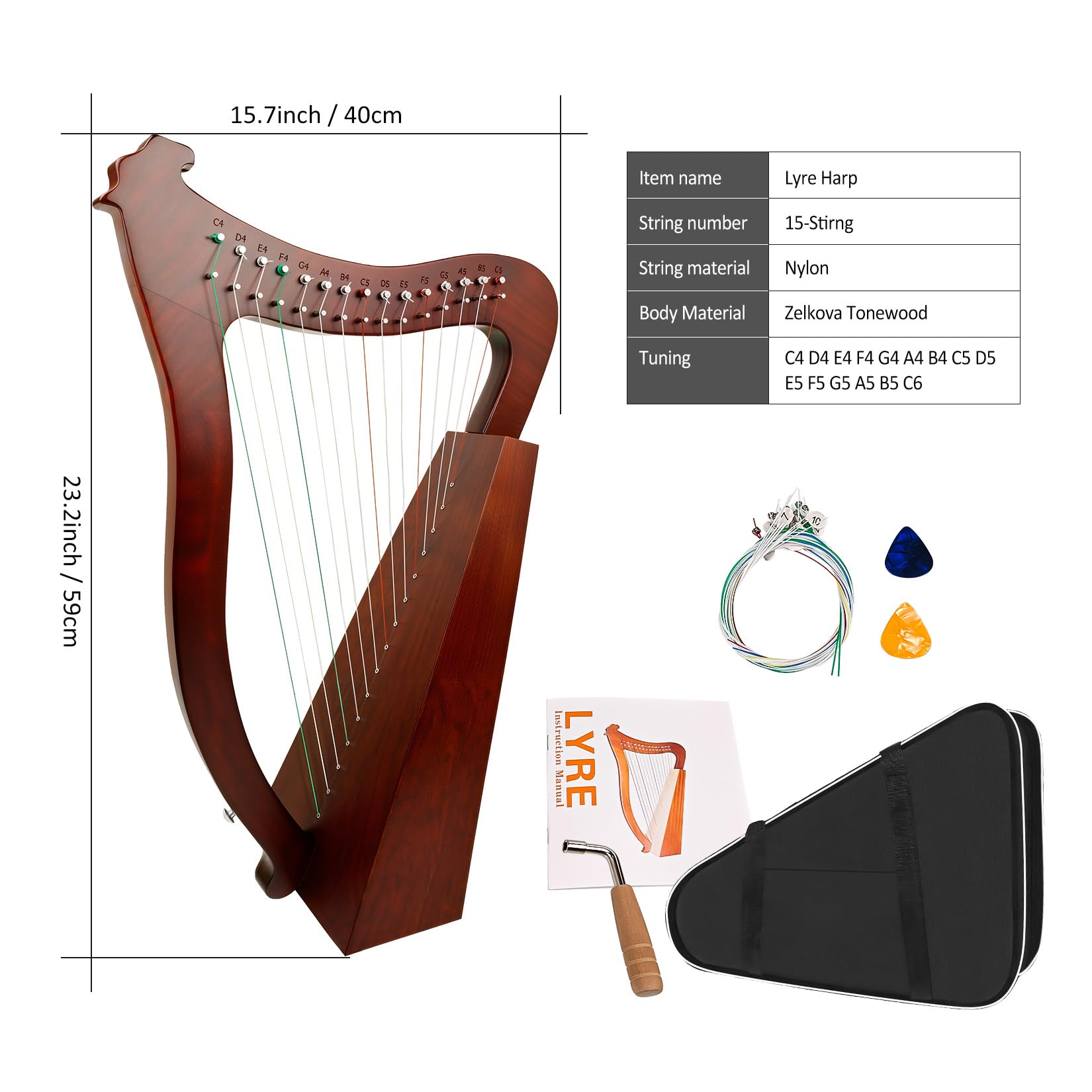 Amazon.com: VixxNoxx Lyre Harp, 23 Inches 15-String Zelkova Lyra