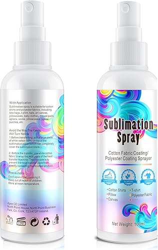 Spray de sublimación, 3.4 fl oz, adecuado para camisas de algodón y telas de poliéster, incluyendo 100% algodón, cartón, bolsa de mano, almohadas,