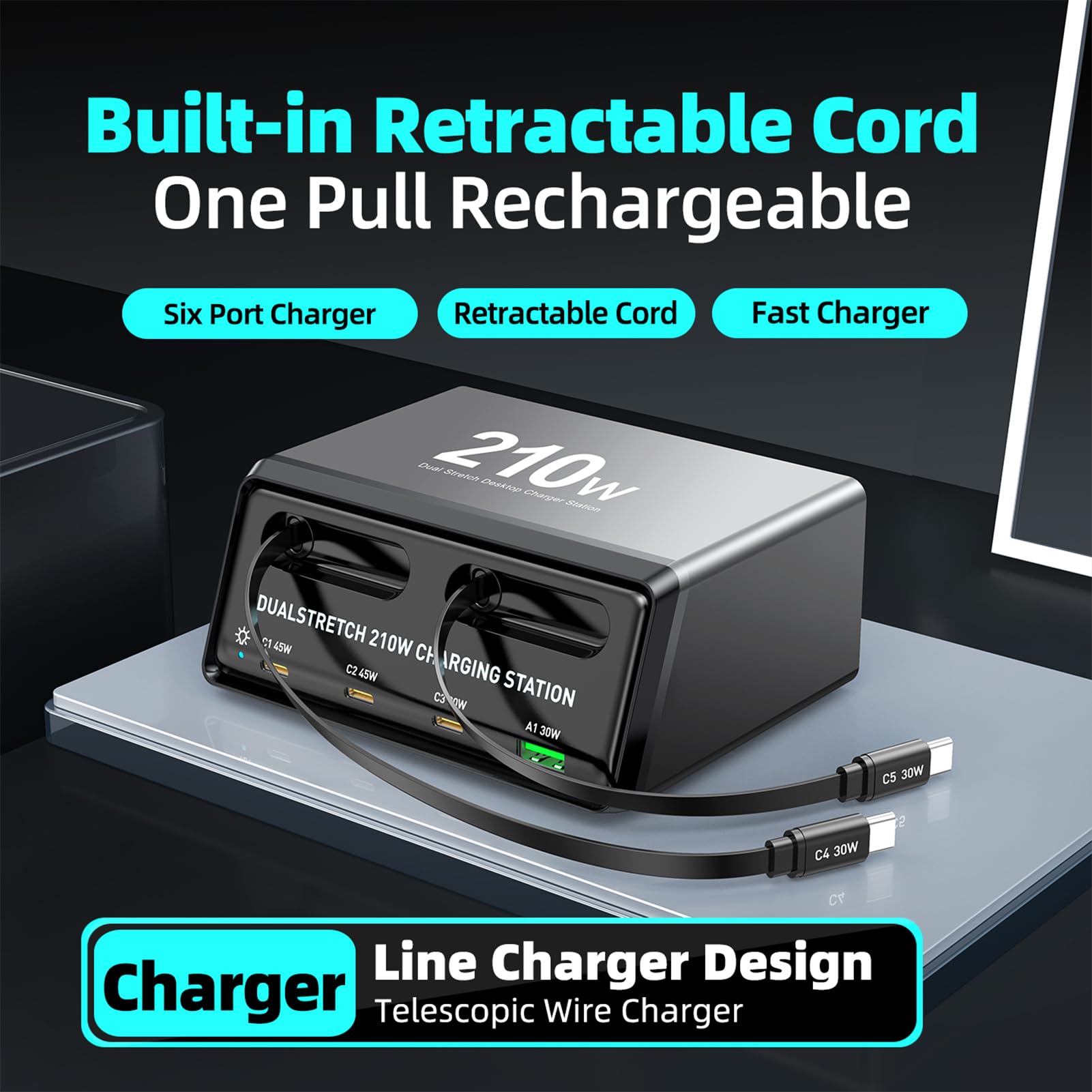 Fockety Tisch-Ladestation, 210W-Ladegerät mit 6 USB C-Anschlüssen und Zwei einziehbaren PD-Kabeln, PD-Ladegerät mit 45W und 30W für das Homeoffice, Gaming-Schreibtischzubehör (EU-Stecker)