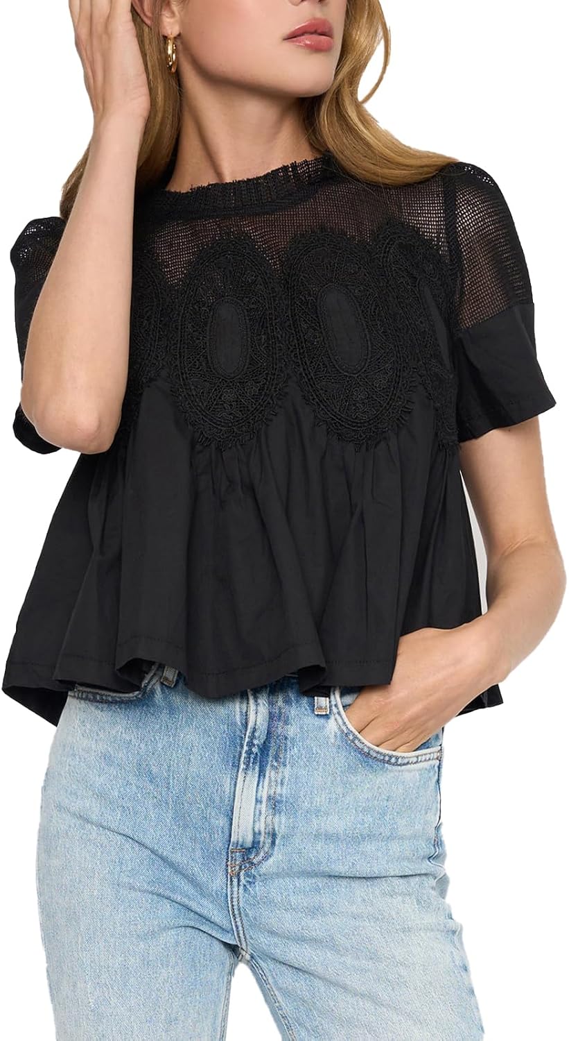 Women's Babydoll Tops Short Sleeve Lace Detail Blouses Flared Pleated Swing Sheer Mesh Shirts