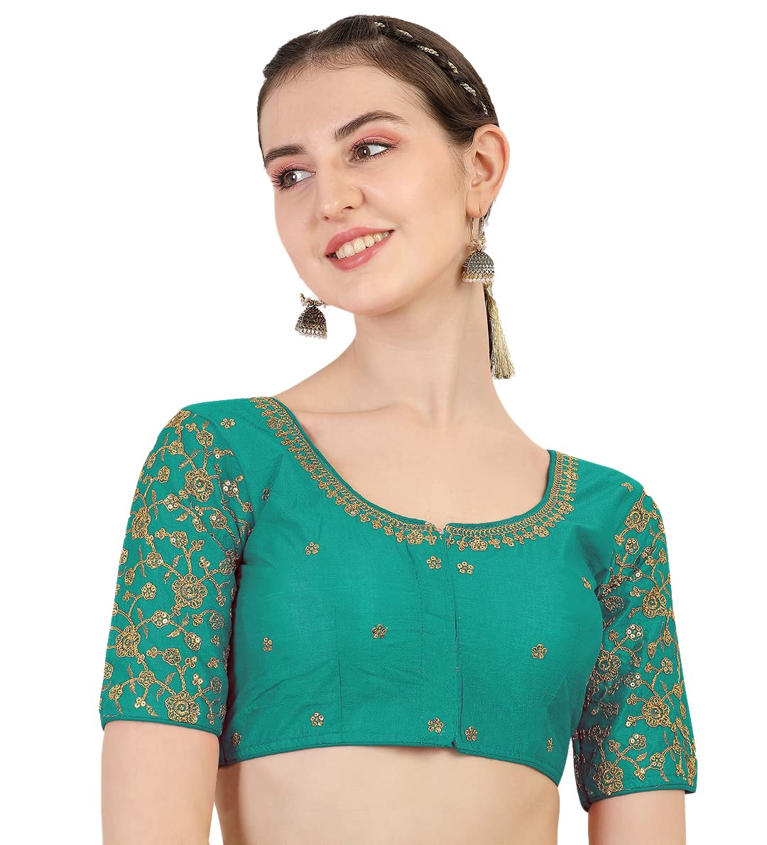 Pujia Mills Women's Phantom Silk Floral Half Sleeve Saree Blouse (Flowerr Blouse_Rama_38 Size+Margin)