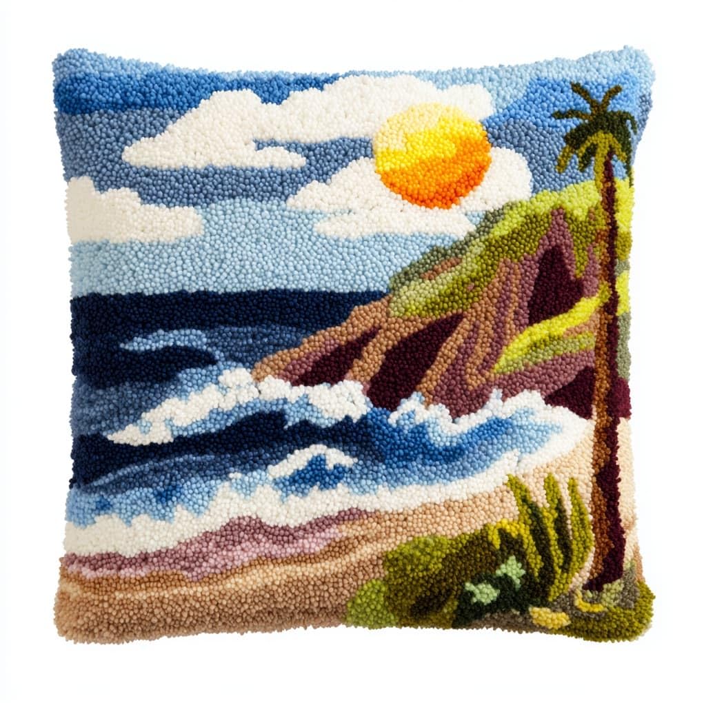 WallustrioaW Latch Hook Pillowcase Kits,Coconut Trees by the sea,Needlework DIY Cushion Cover Hook and Latch Kit Christmas Home Crafts Sofa Decoration,17x17in