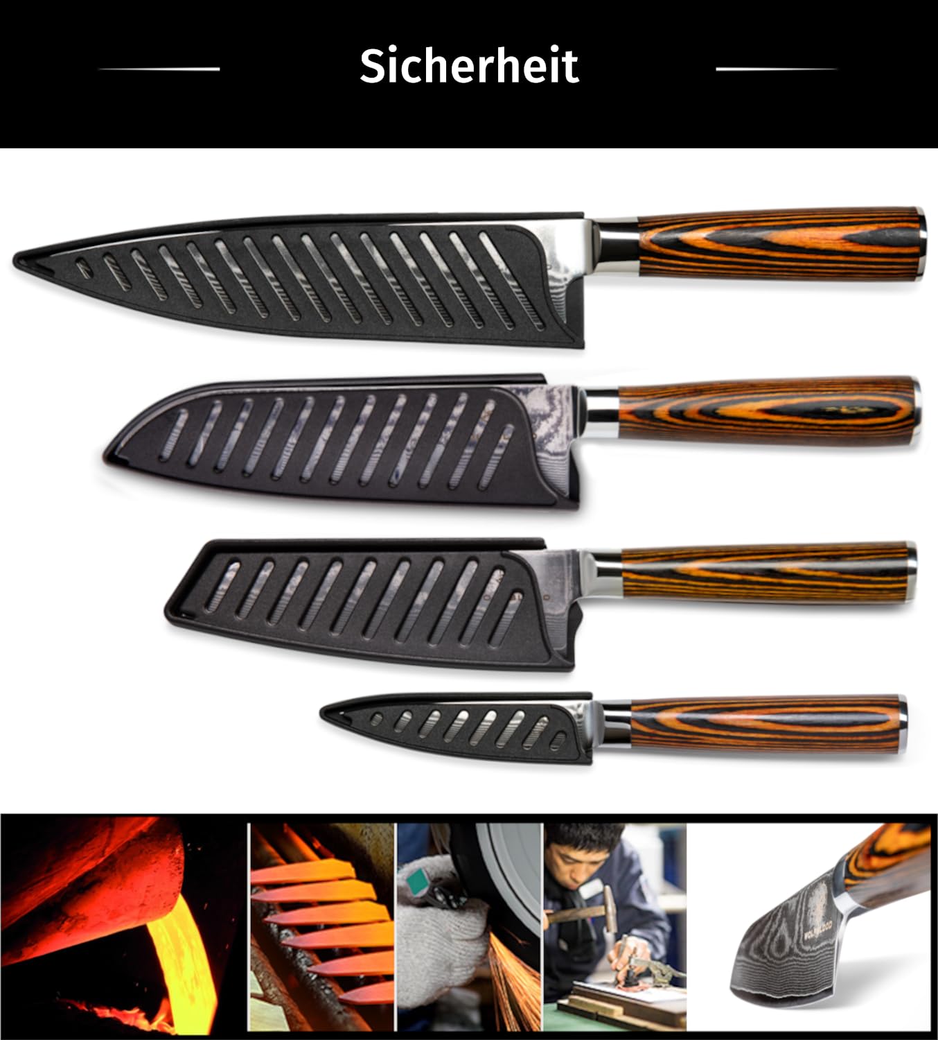 Wolfblood 4er Damastmesser Set (32, 30, 24 und 20 cm) TÜV geprüfter 62 HRC Damaststahl aus 67 Lagen I Damast Küchenmesser Set mit Chefmesser Santokumesser Klingenschutz & Geschenkbox