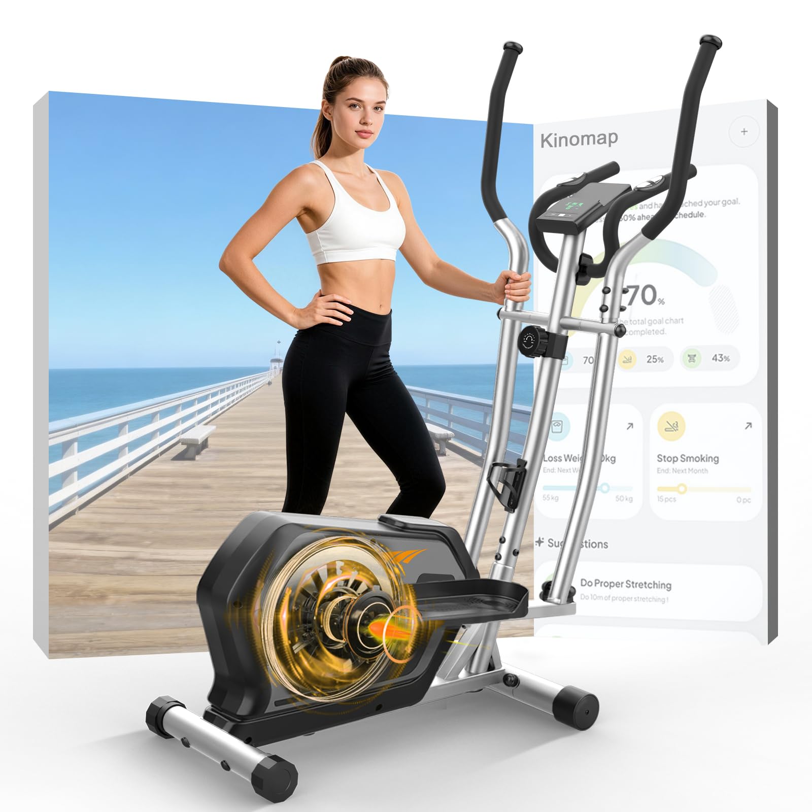 Ellittica Per Casa Cowmew Con Volano Da 10 Kg E 16 Livelli Di Resistenza, Ultra Silenziosa, Passo 45 Cm, Bluetooth E Monitor LCD, Supporto 150 Kg
