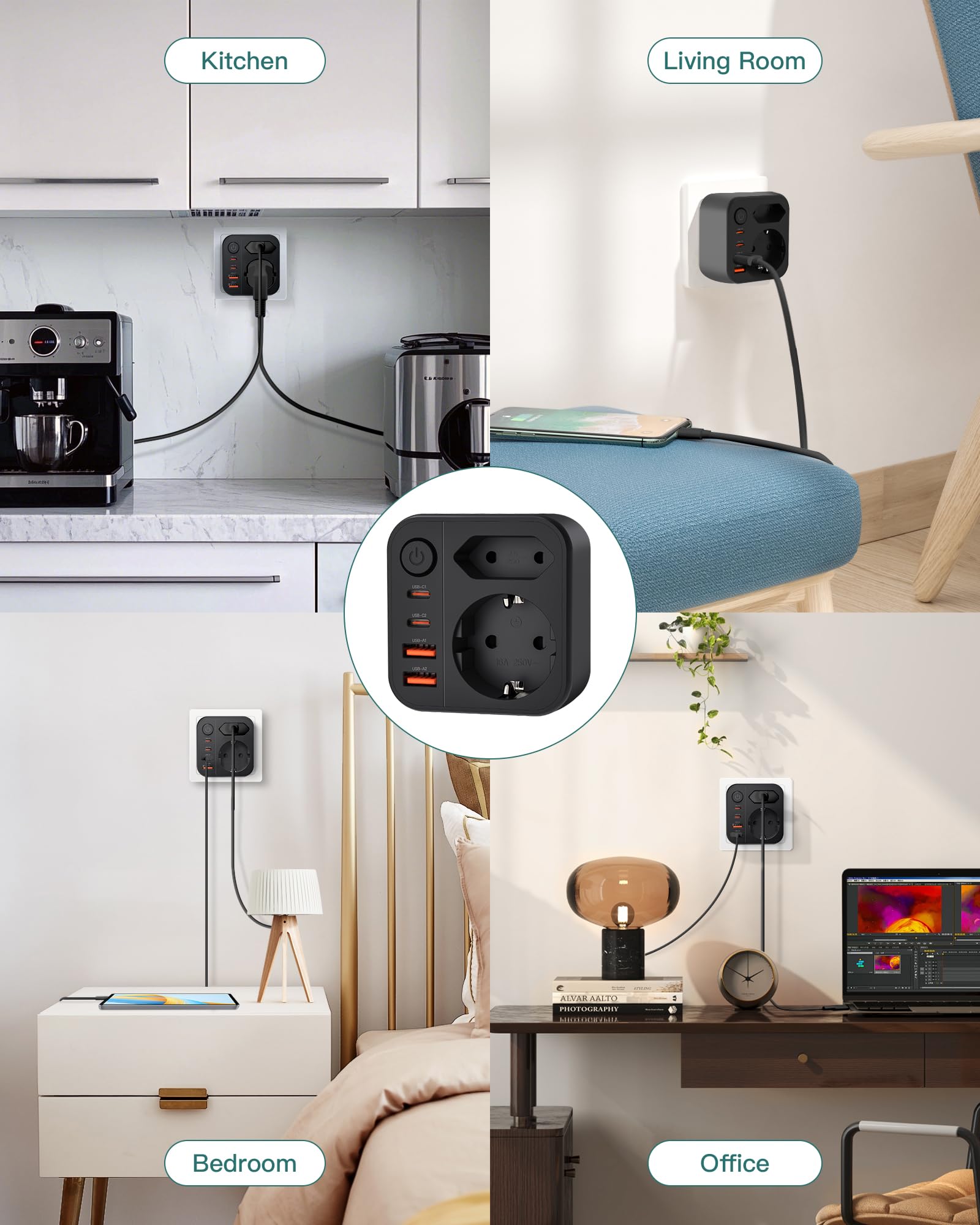 Kostka z gniazdem USB C, 4-gniazdowy adapter kostkowy wielofunkcyjny, 6 w 1 USB, listwa zasilająca, ładowarka biurkowa, szybkie ładowanie dla domu i biura, czarna