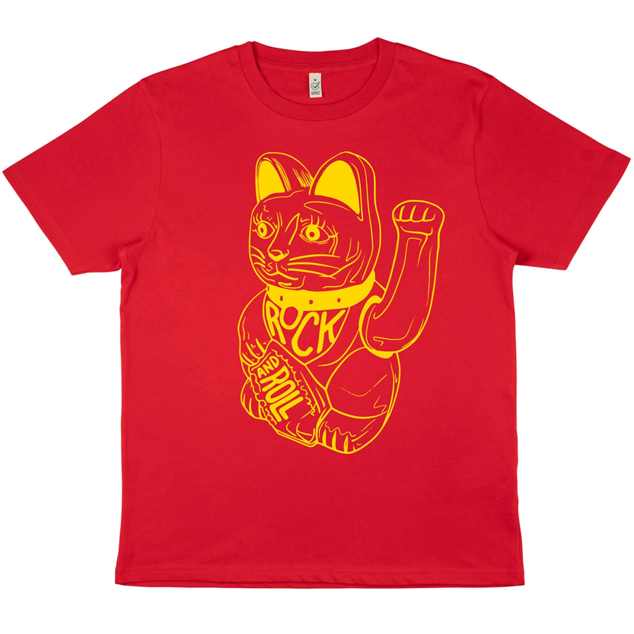 DB DEADBEAT Lucky Cat Rock and Roll Motif Screen Printed Eco-Friendly Unisex Red T-Shirt for Men, Women and Teens XL/Red/Cotton