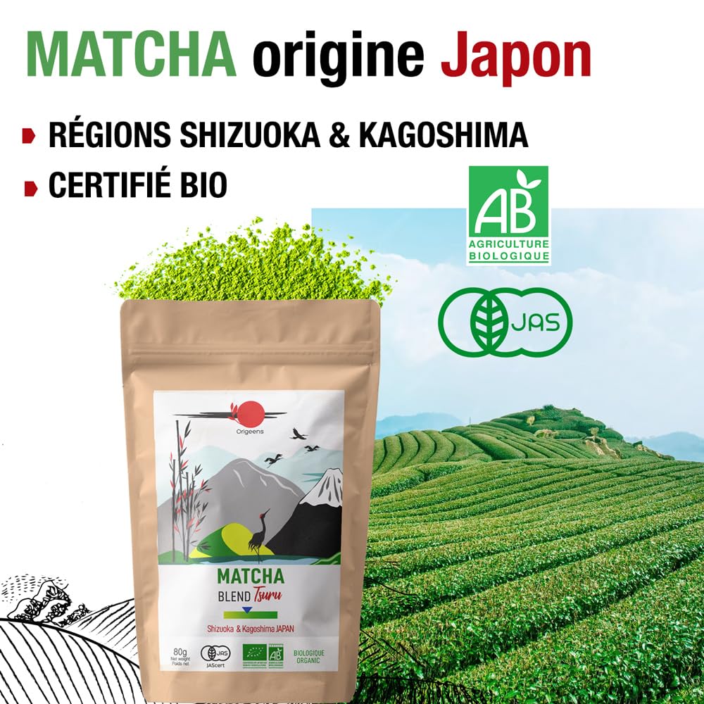 ORIGEENS Kit Matcha Complet JADE - Conditionné en France - Matcha Kit avec Bol Matcha Artisanal (Portugal), Fouet Chasen, Thé Matcha BIO Japonais et Cuillère doseuse Chashaku