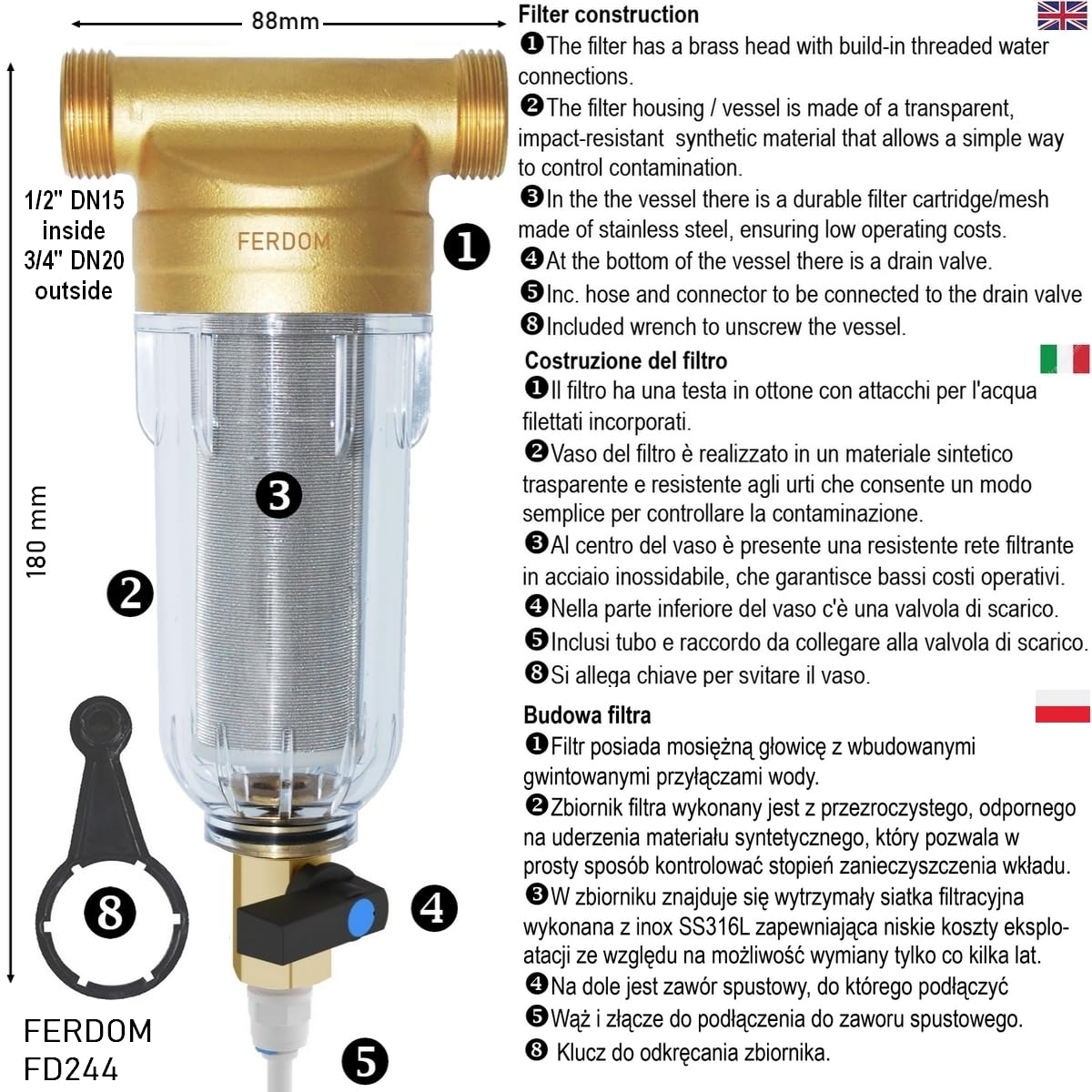 FERDOM FD244 Préfiltre Spin-Down. Maille en acier inoxydable 40-60 m, surface 90 cm2, réutilisable. Max 3,5 m3 / h. Connexions 1/2-3/4. Tête en Laiton, Corps Transparent Durable FERDOM FD244 Préfiltre Spin-Down. Maille en acier inoxydable 40-60 m, surface 90 cm2, réutilisable. Max 3,5 m3 / h. Connexions 1/2-3/4. Tête en Laiton, Corps Transparent Durable