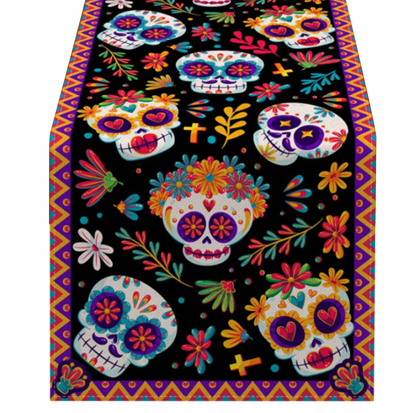 Yhplxyuus Mexico Flower Table Runner Halloween Skull Day of the Dead Tablecloth Party Dining Table Cover for Kitchen Home Decor Mexico Runners for Party