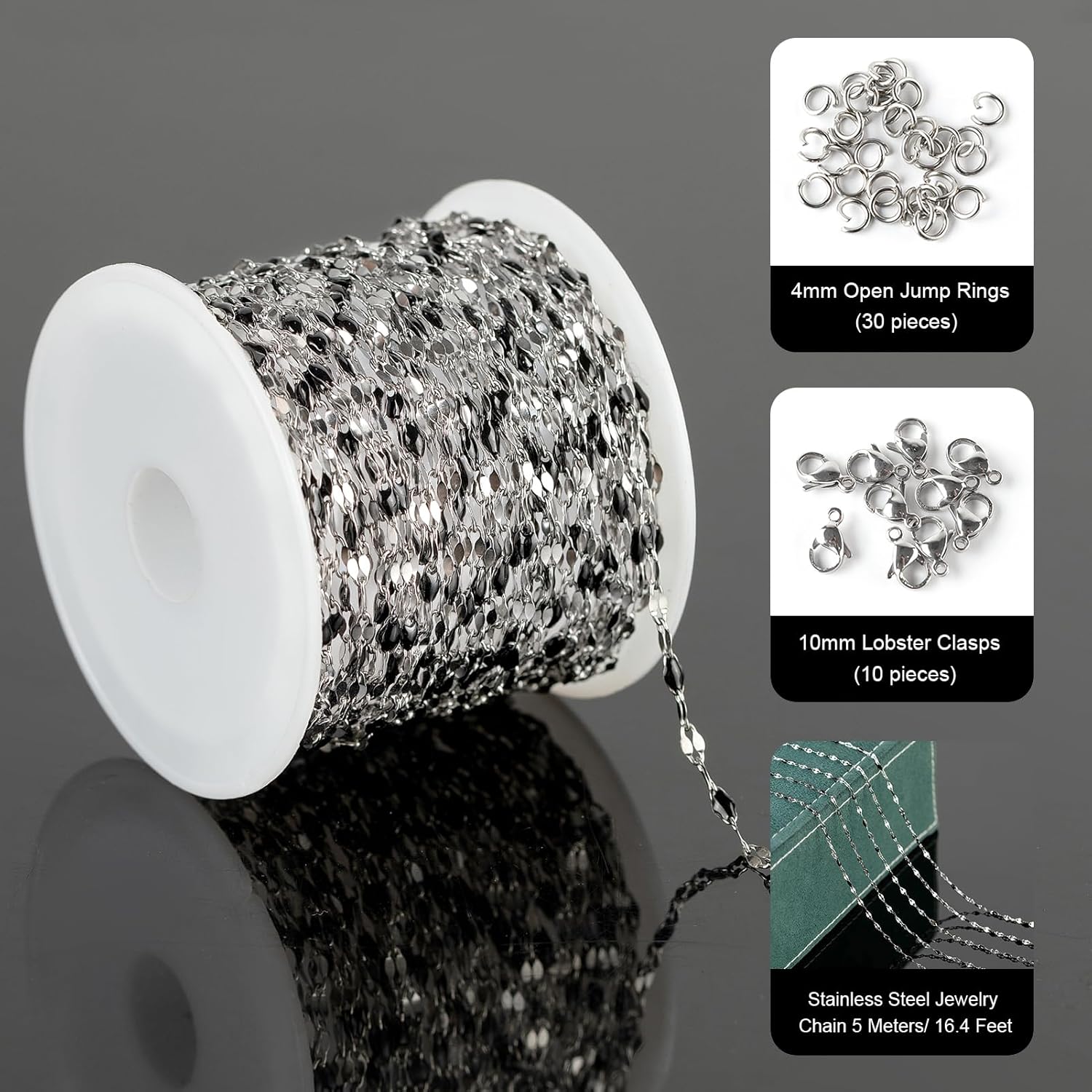 UMAOKANG 16.4 Feet Jewelry Making Chains Stainless Steel Chain Bulk DIY Necklace Supplies Black Enamel Lip Chain with Jewelry Findings - Image 2