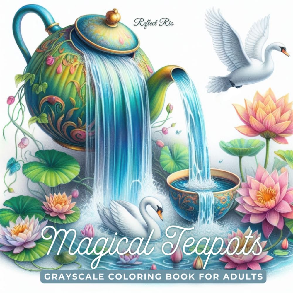 Magical Teapots Coloring Book: Whimsical Flying Teapots Pouring Stars, Leaves, and Fantastical Wonders – A Grayscale Coloring Book for Relaxation and ... (Fantasy Grayscale Coloring Book for Adults)
