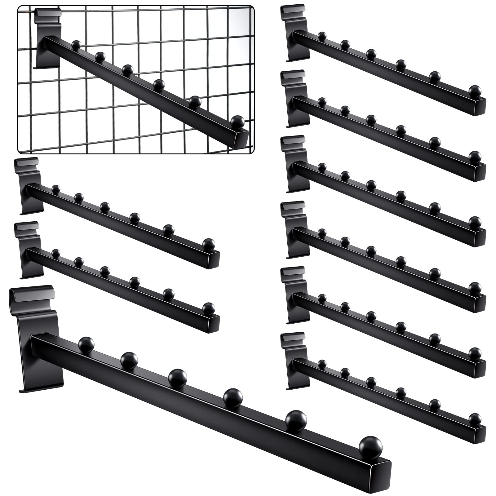 Oudain 10 Pack 6 Ball Grid Wall Accessories 15.75 in Gridwall Waterfall Hooks Waterfall Hangers Wire Grid Wall Display Rack Heavy Duty Hangers for Garment Retail, Home, and Garage(Black)
