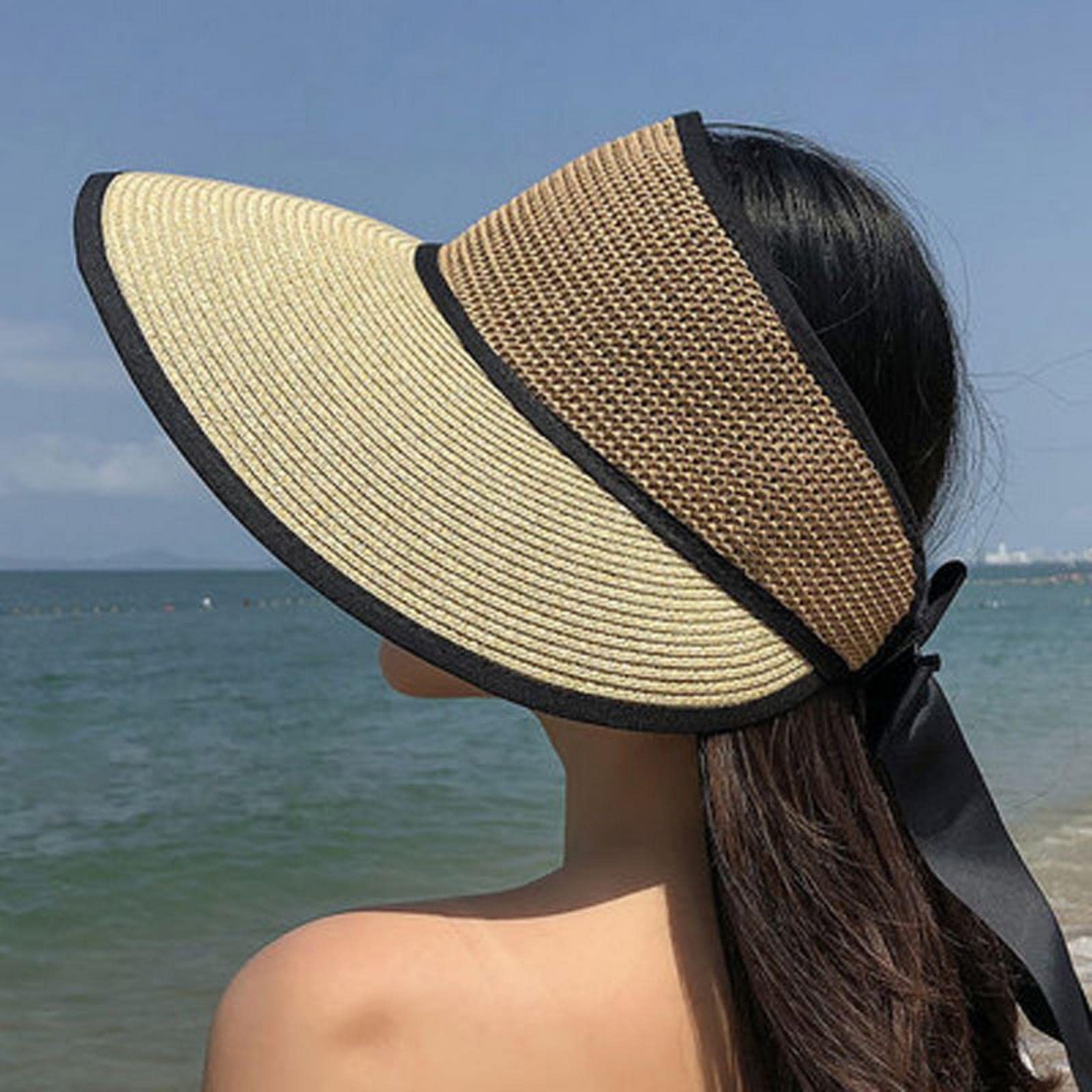 Sombrero de pescador de verano para mujer, sombrero de paja de ala grande, sombrero de playa plegable