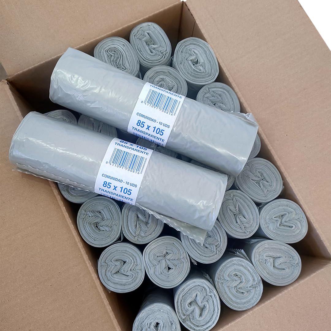 48 rollos de Bolsa de basura transparentes. Con capacidad de 100 litros para cubo de comunidad. 480 sacos de basura resistentes con termosellado. 10 uds por rollo.