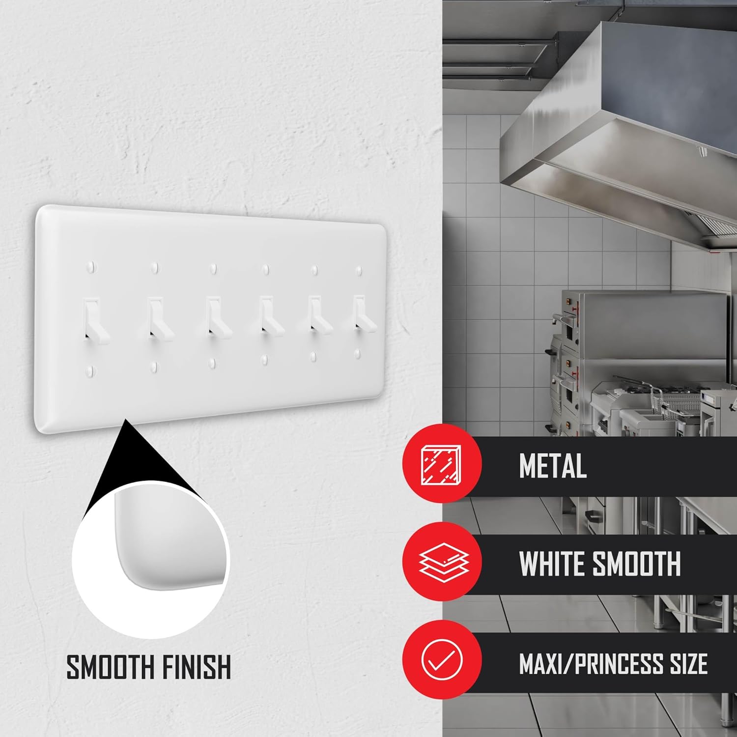 TayMac WRW-6T White Smooth 6-Gang Metal Maxi 6-Toggle Wall Plate WRW-6T, Outlet Cover Wall Plate with Screws, Light Switch Cover Plate for 6 Devices
