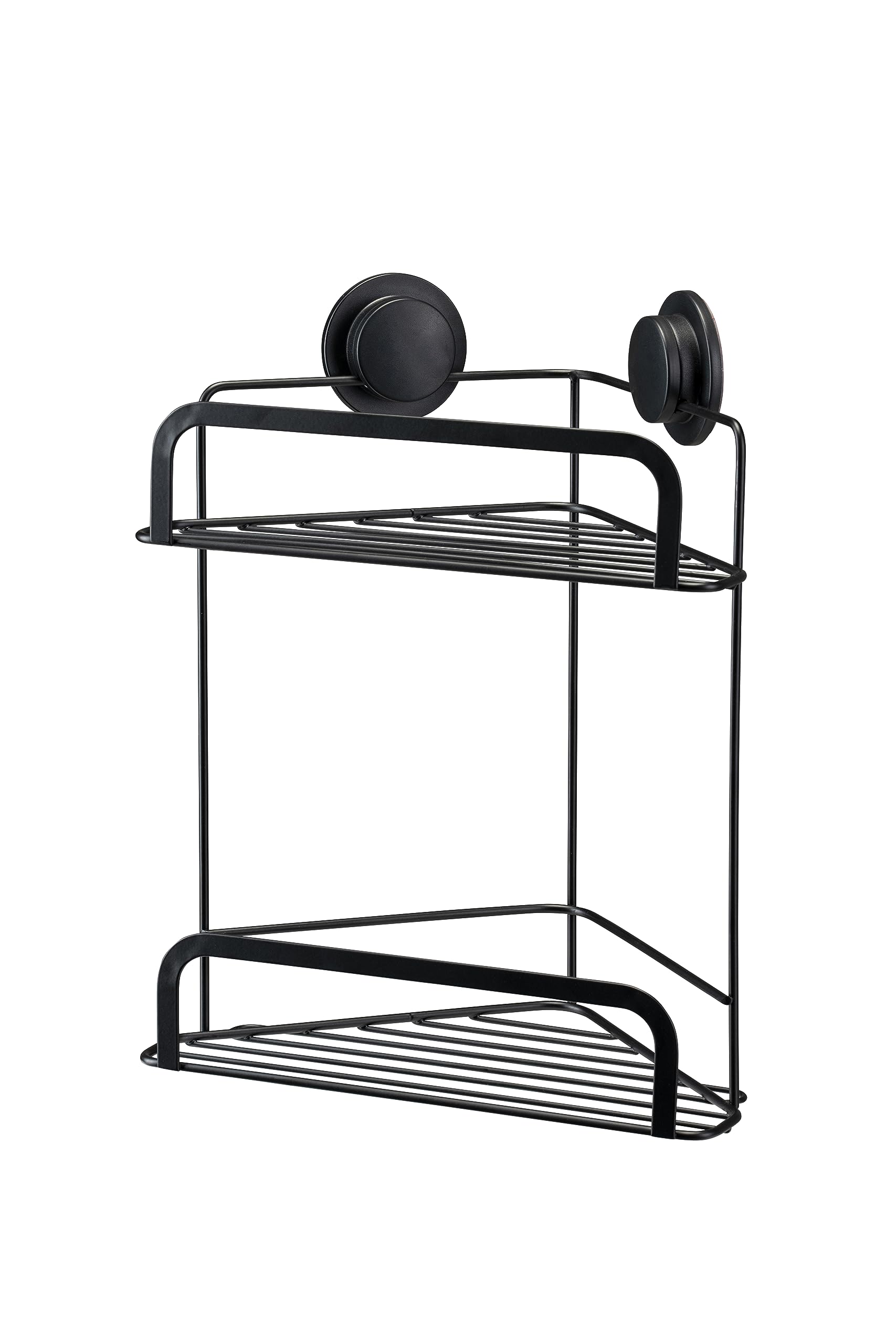 Croydex Stick 'N' Lock Two Tier Black Shower Caddy - Corner Shower Shelf No Drilling Bathroom Storage Solution with Sticky Pad Easy-Clean 5 Year Rust-Free Guarantee, Mild Steel