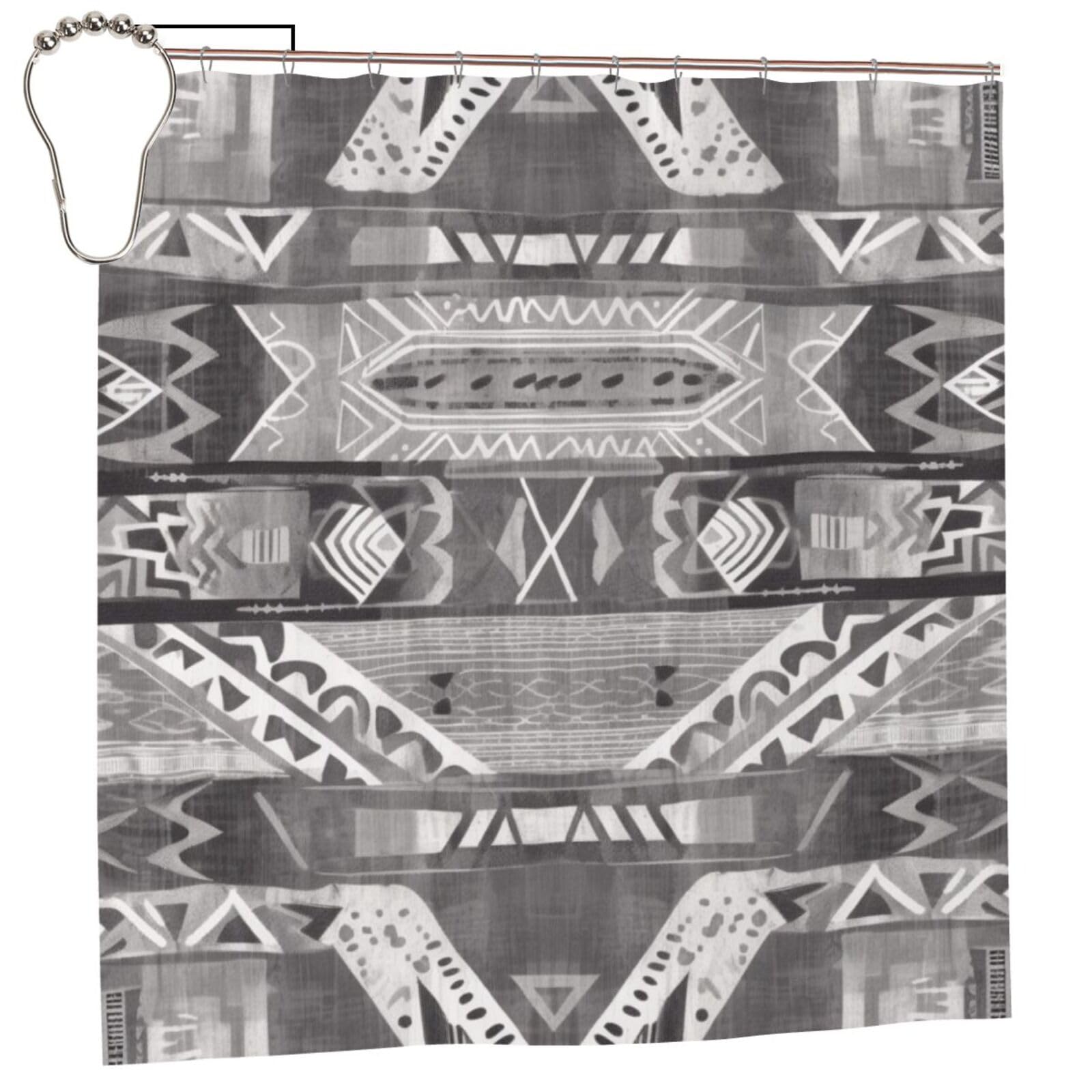 BWWHCCTI Grey_Tribal Printed Shower Curtain With 12 Iron Hooks Opaque Quick Drying Waterproof Shower Curtains Sets For Bathroom 183x183 CM