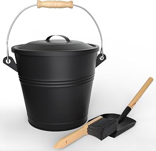 VOUNOT® Ascheeimer mit Deckel, Feuerfest Metall Kohleeimer 5L mit Schaufel und Handbesen, Werkzeugset Zubehör für Kamin, Feuerstelle und Holzofen, Schwarz