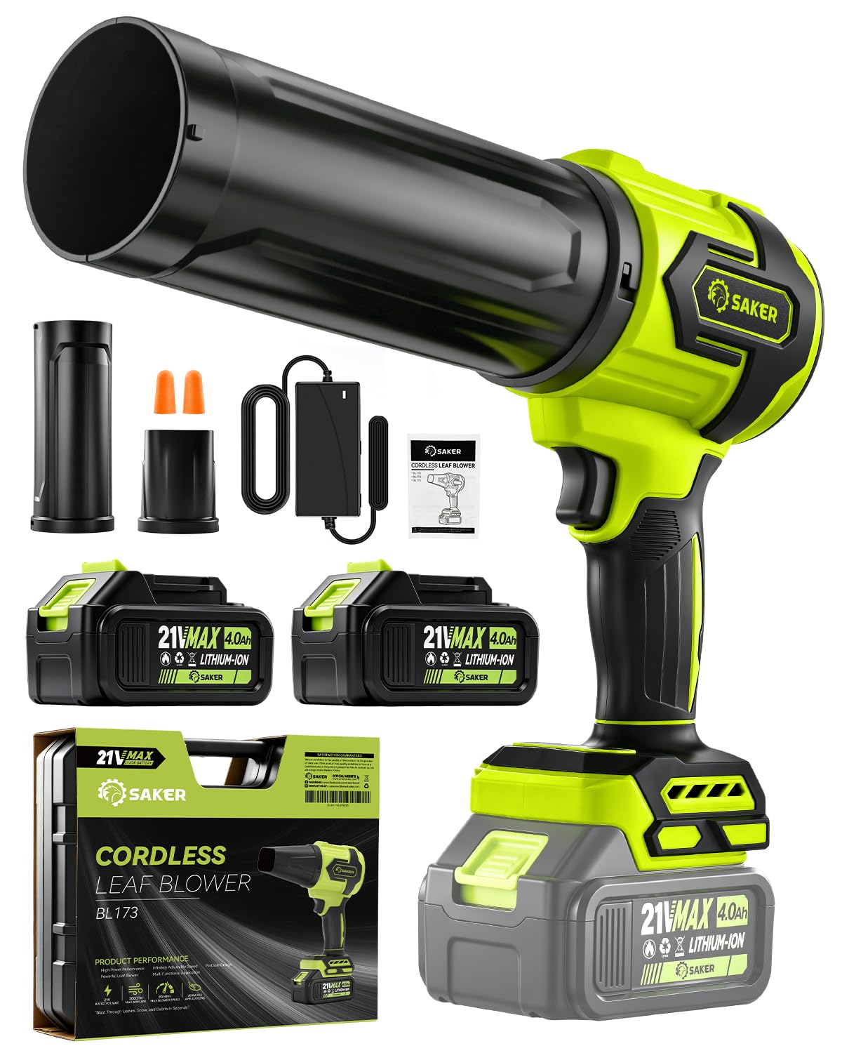 Saker Cordless Leaf Blower Portable Dust Cleaner with 2 Extended Nozzle Handheld Blower Air Duster with Adjustable Speed for Lawn Care Car Drying 2 Batteries Dark Green with Case