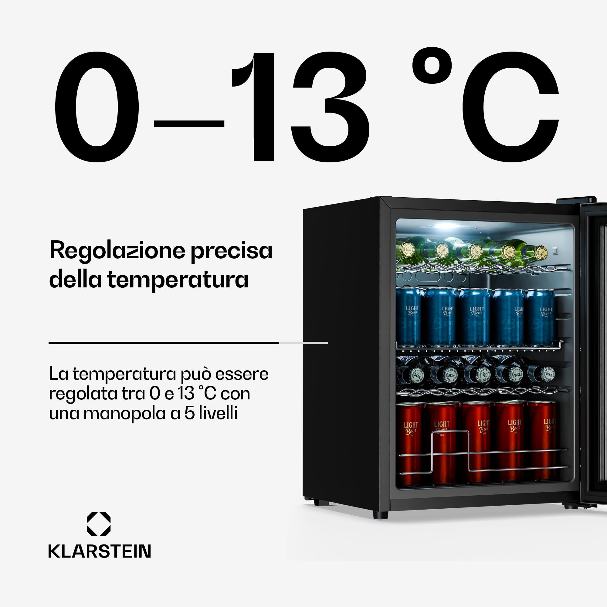 KLARSTEIN Frigo Vetrina Bibite 60L - Porta in Vetro Doppio Isolamento, LED, 0-13°C, 3 Ripiani Regolabili, Frigorifero Vetrina Bibite, Temperatura Precisa, Design Moderno