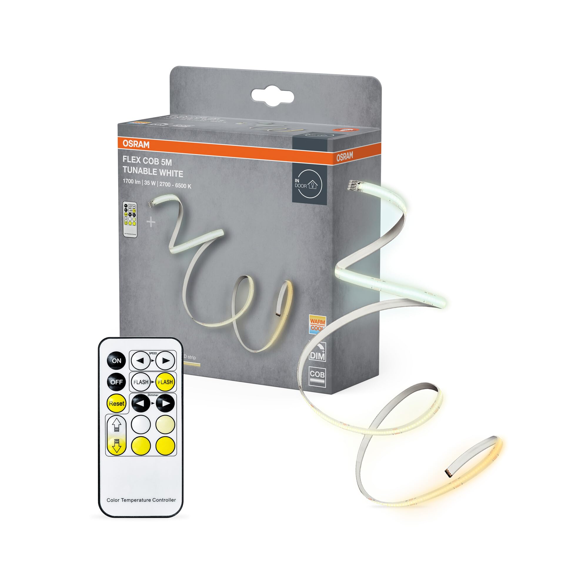 OSRAM Taśma LED FLEX COB 5M TW RC, żółta, 30W, 1700lm, możliwość sterowania barwą barwy białej od ciepłej do chłodnej, technologia COB, równomierny rozsył światła, z pilotem, długa żywotność, łatwa