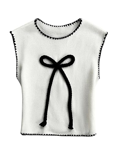 OYOANGLE Women's Bow Sweater Vest Sleeveless Crew Neck Y2K Knitted