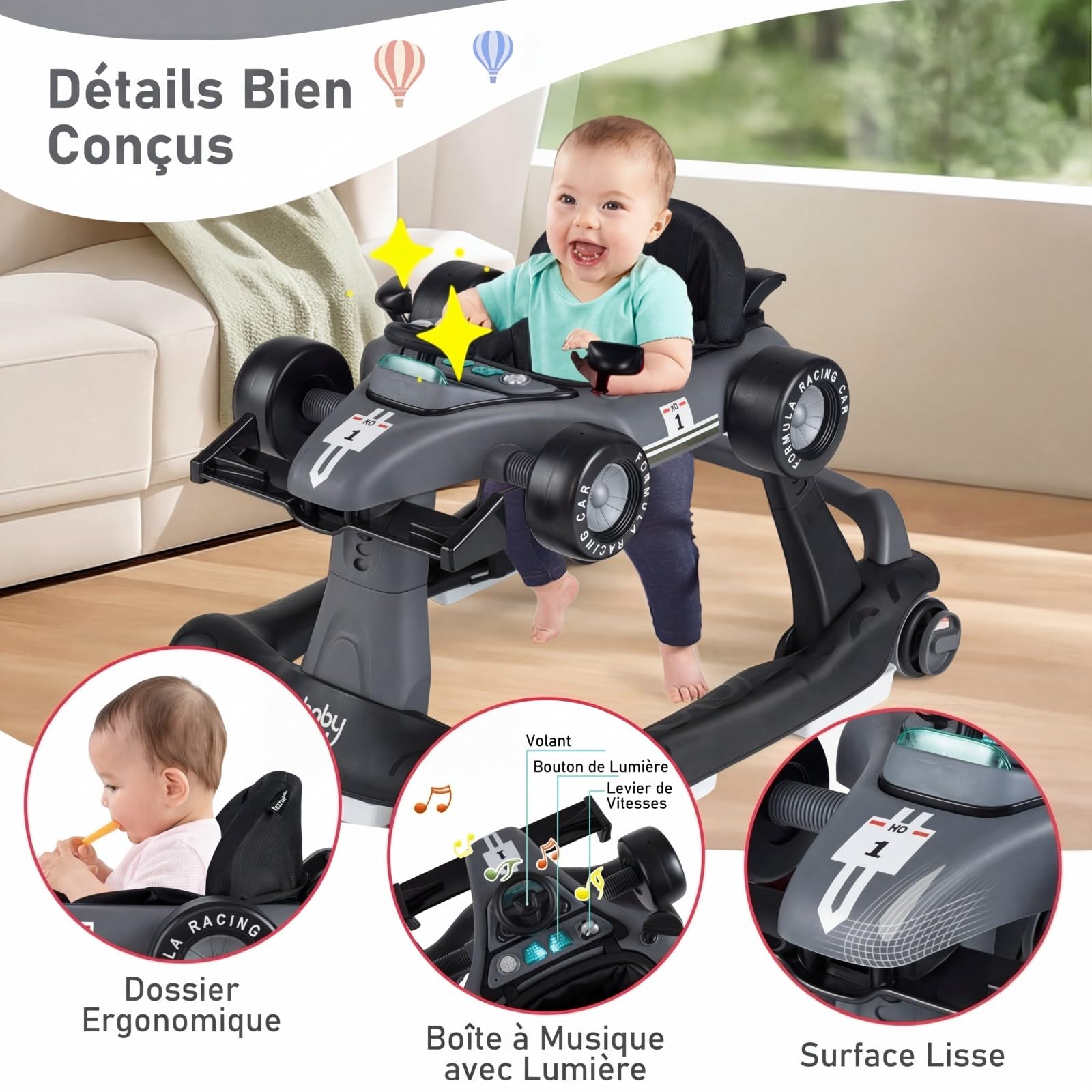 COSTWAY Trotteur Bébé Garçon Pliable 4 en 1 avec 3 Hauteur Réglable, Trotteur Marche Bébé Garçon Évolutif avec Musique & Lumière, Roues Silencieuses, 5 Patins Antidérapants (Gris Foncé)