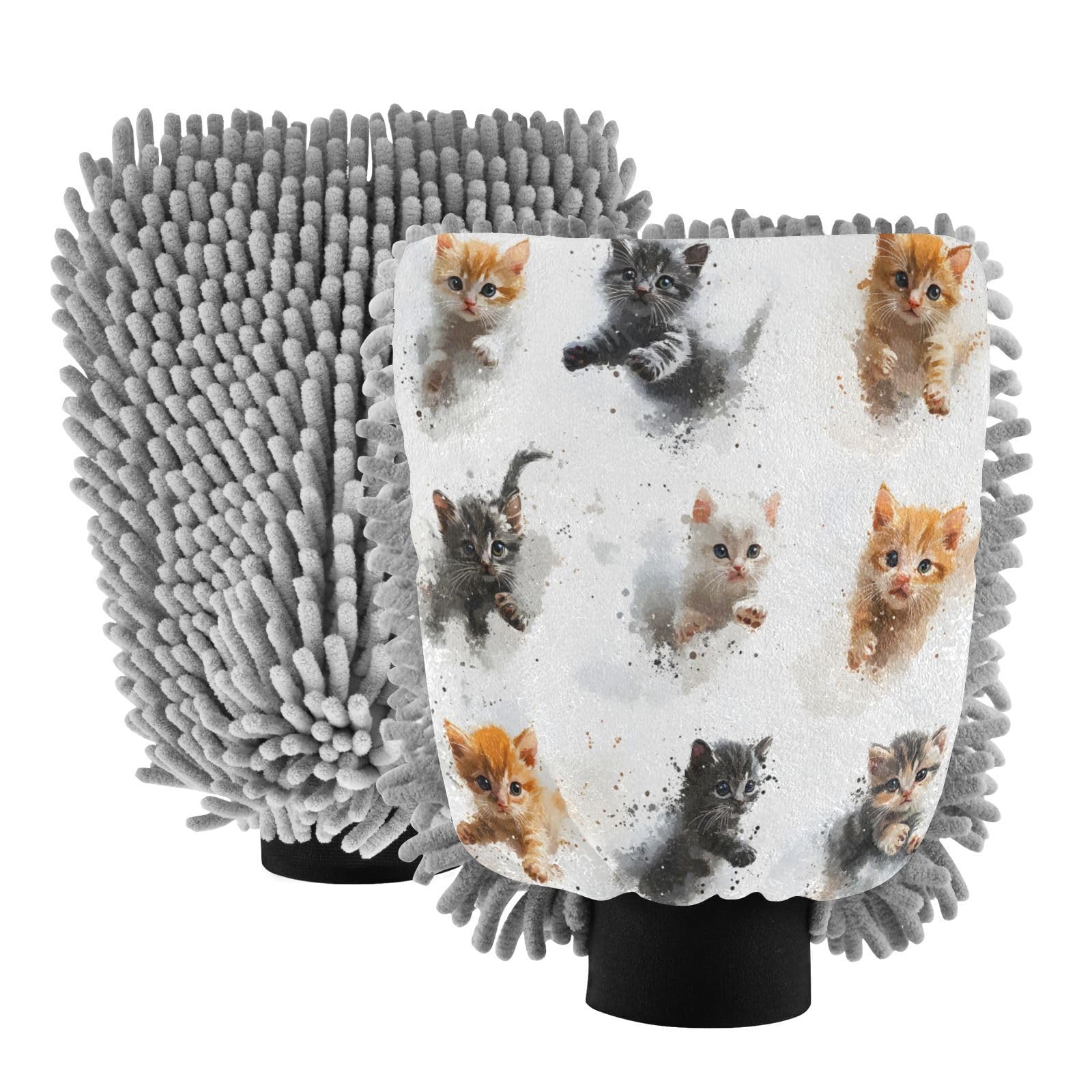 STAYTOP Cute Kittens Car Wash Mitt Microfiber, 2Pcs Scratch Free Lint-Free, Premium Chenille Microfiber Mitt Car Wash Brush-M