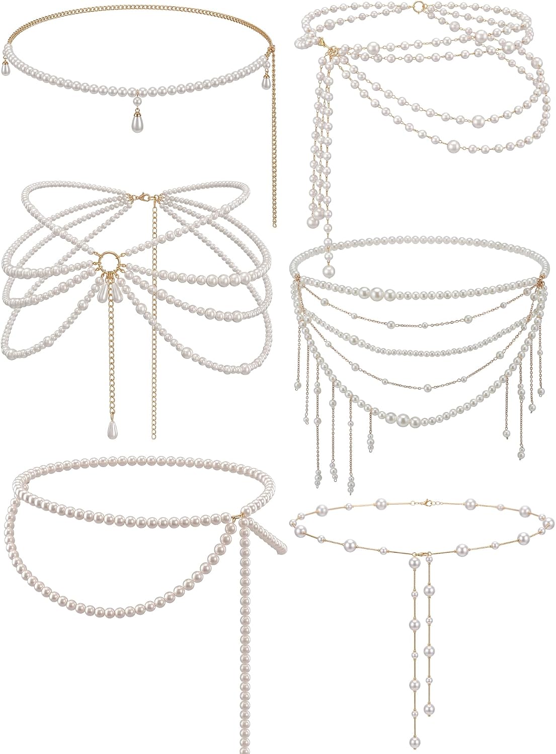 JenPen 6 Piece Pearl Belt Tassel Waist Chain - French Vintage Layered Pearl Body Chain Belt for Women, Bridal Wedding Dresses, Summer Beach Bikini Belly Jewelry