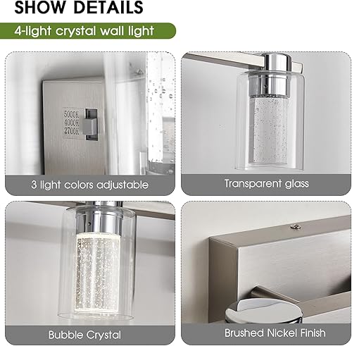 Miniatura 5 de Lámparas de baño de 4 luces, luces de tocador de níquel cepillado, luz LED regulable sobre espejo, modernas luces de tocador de cristal para baño,