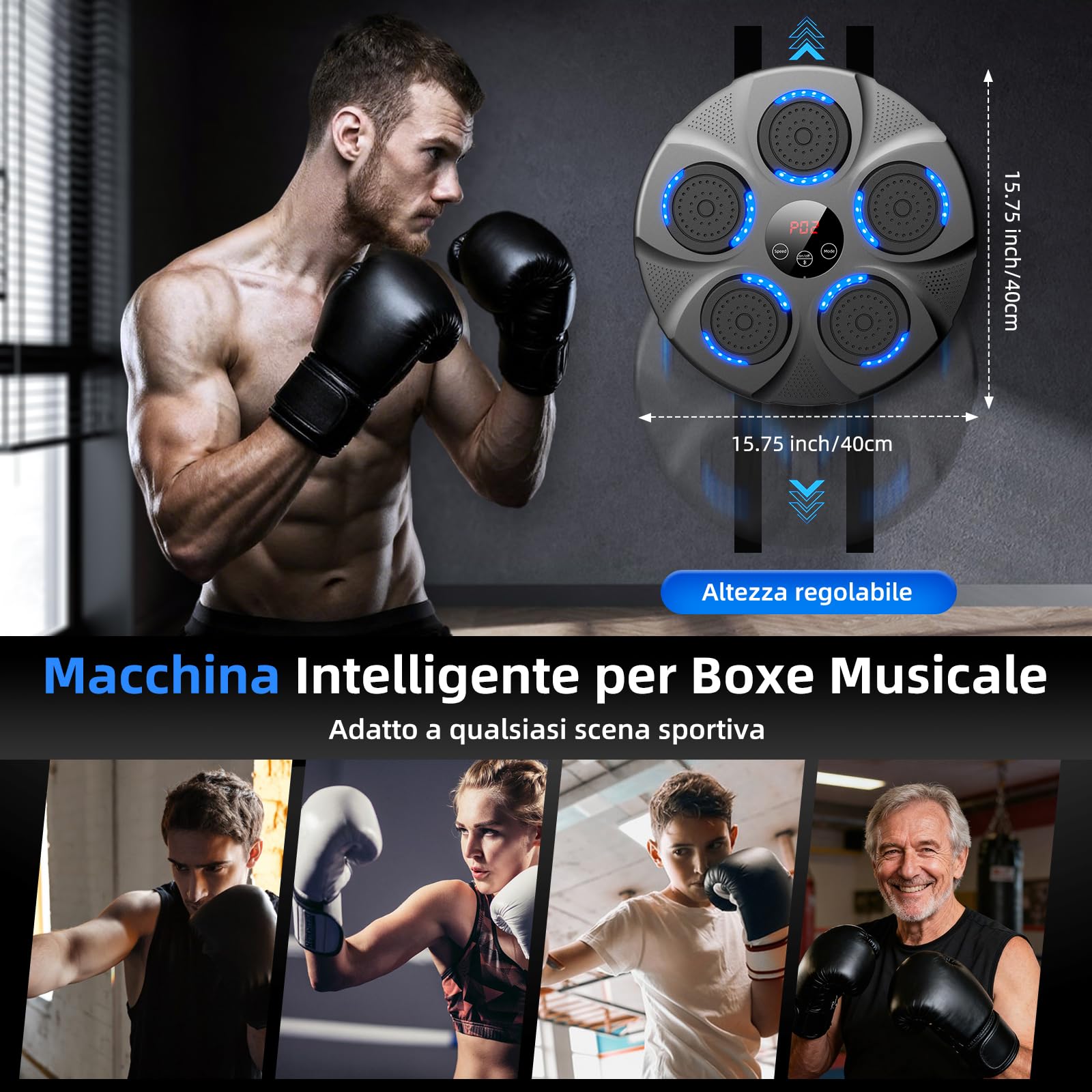 Macchina da Boxe Musicale, Macchina da Pugilato Elettronica Professionale con Guantoni, Bluetooth, 9 velocità/modalità per Bambini e Adulti, Casa, L'Ufficio, Palestra, Nero
