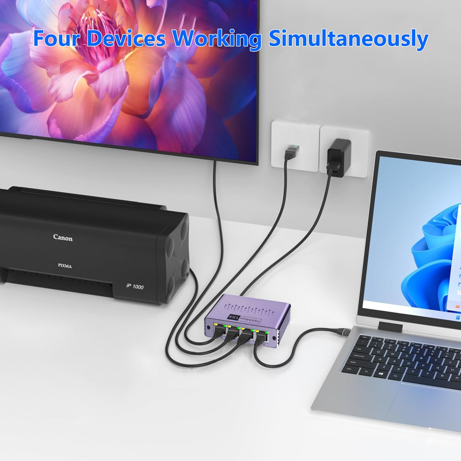 Ethernet Splitter 1 to 4 1000Mbps, High Speed RJ45 Port LAN Internet Splitter for Cat 5/5e/6/7/8 Cable, Ethernet Router Switch for PC/Laptop/TV (4 Devices Networked Simultaneously)