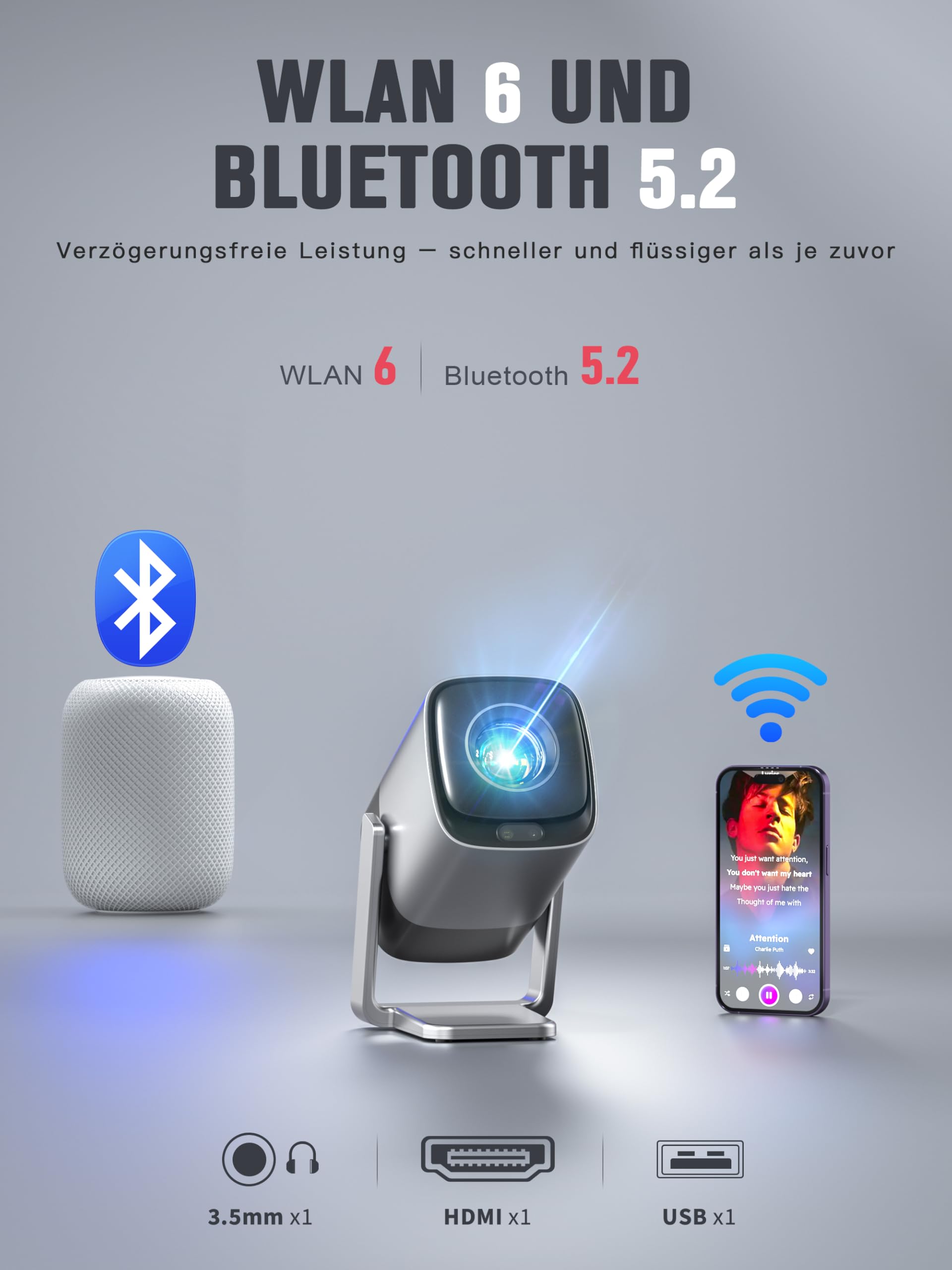 Smart Mini Beamer 4K Kompatibel mit Netflix & Dolby Audio, XuanPad 30000 Lumen Beamer mit TOF Autofokus & Trapezkorrektur, WiFi6 & Bluetooth, 210° Heimkino/Outdoor Silver Projektor für Handy/PC