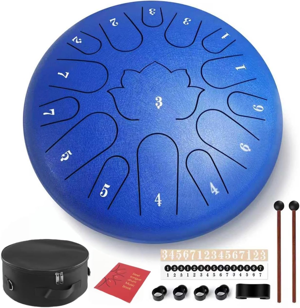 Steel Tongue Drum - 15 Note 12 Inch C Major Handpan Drum for Meditation and Beginners, with Music Book, Rain Drum Mallets, and Carrying Case (Blue, 12 Inch)