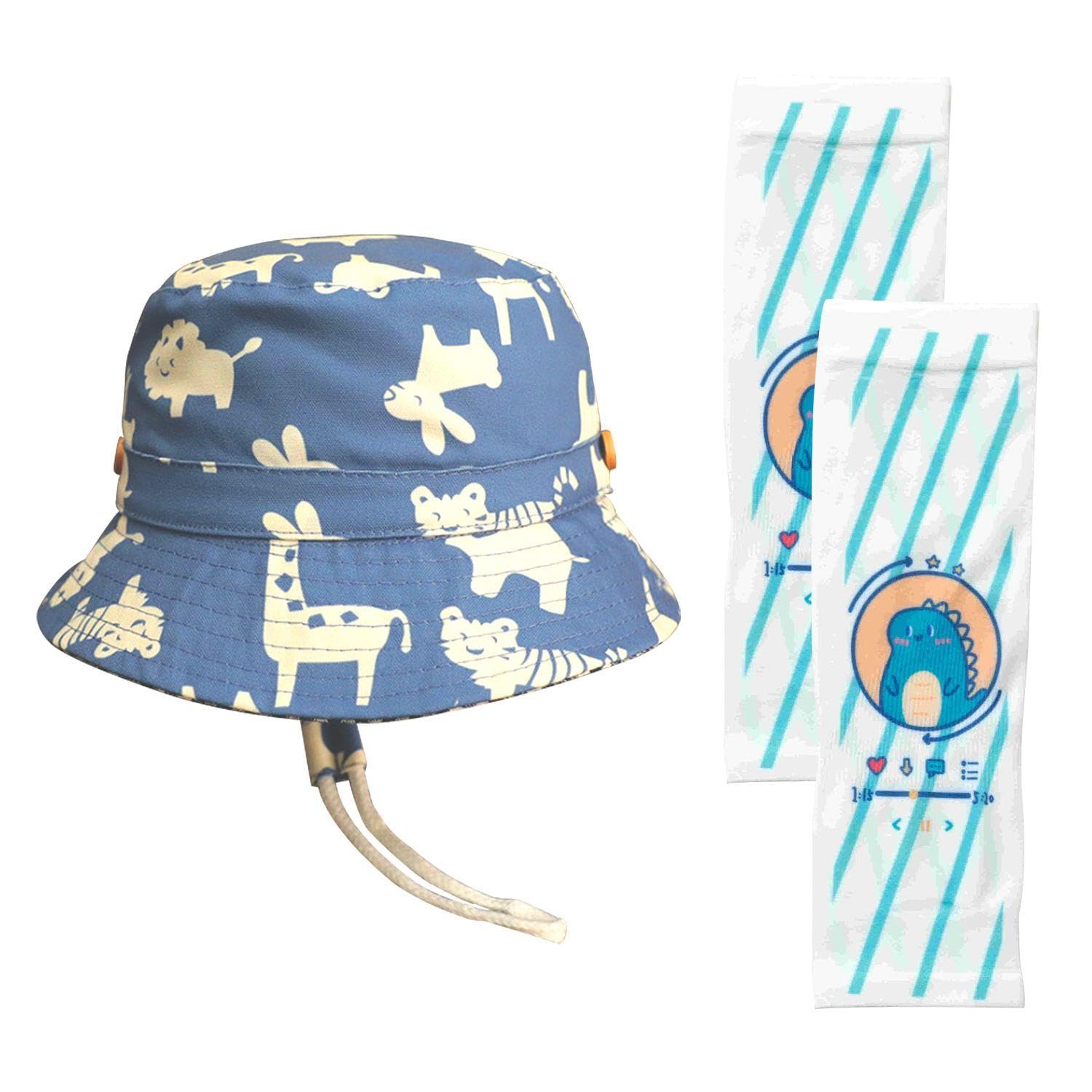 1 sztuka dziecięca czapka typu bucket, 1 para rękawów dziecięcych, dziecięca czapka przeciwsłoneczna, regulowana czapka wiadro, urocza czapka przeciwsłoneczna ze zwierzętami